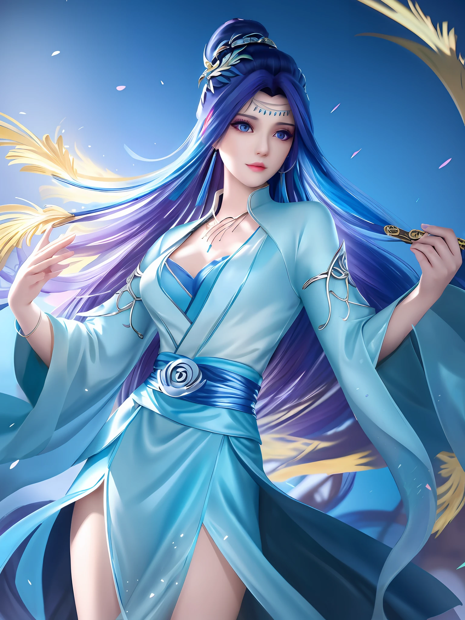 best quality, mastery, detailed hair, highres, (((yunyun))) ,necklace, hair ornament, (Beautiful face), blue dress, looking at viewer, blue hair, standing, （腰以上），美杜莎