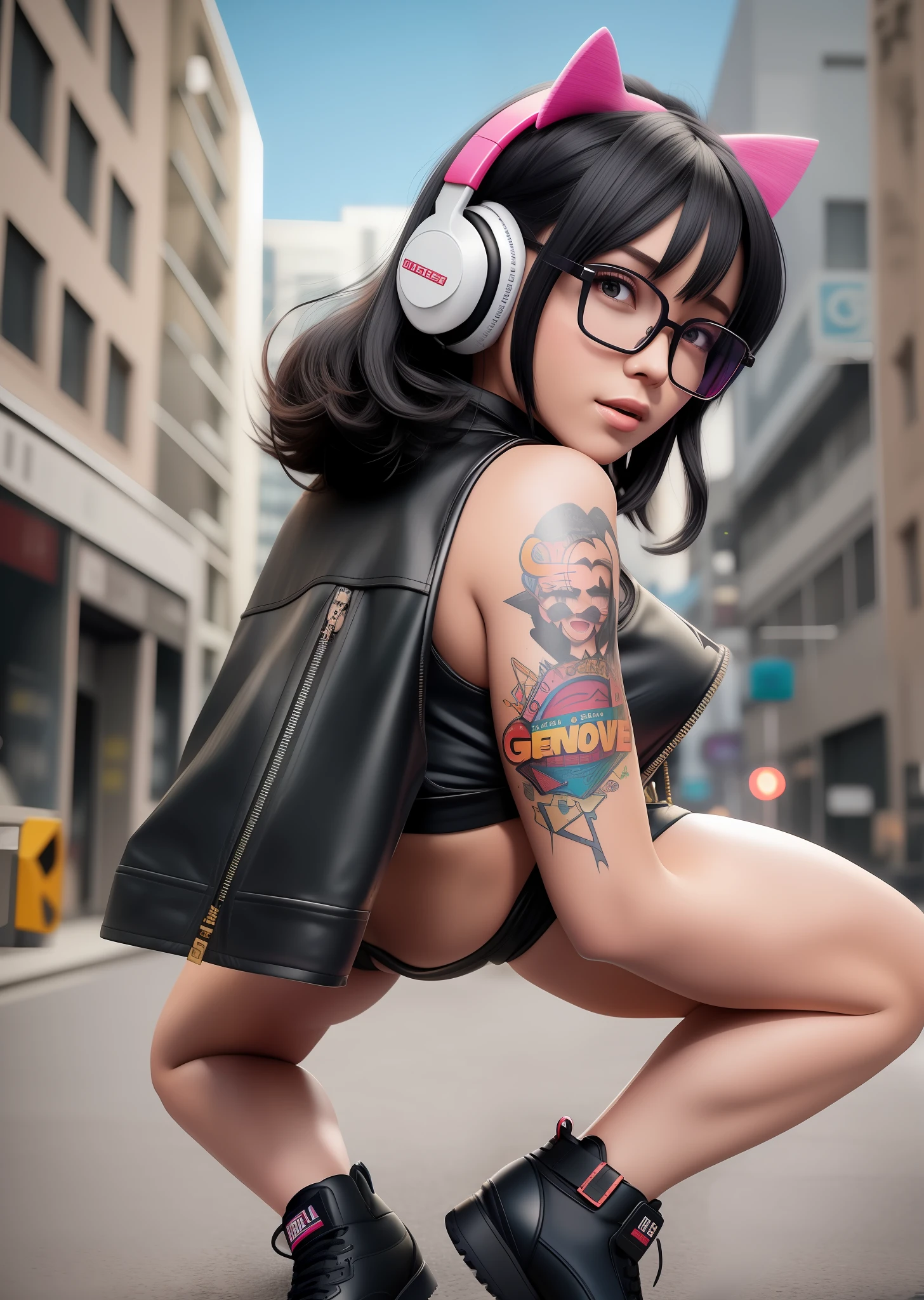 cute American model with stunning 3D resolution 12K character in [gritty Hip-Hop] Noodle Gorillaz style, [squatting], panties, [wearing leather jacket], elaborate clothing, big breasts, big ass, hourglass body, headphones, suspenders, big grate glasses, long curly dark hair, [shows butt], looks at viewer, smile, bags of dollar bills, chibi in detailed, background detailed graffiti, highly detailed, bright colors, ultra high quality, Hyperrealism, Photorealism, [octane rendering].