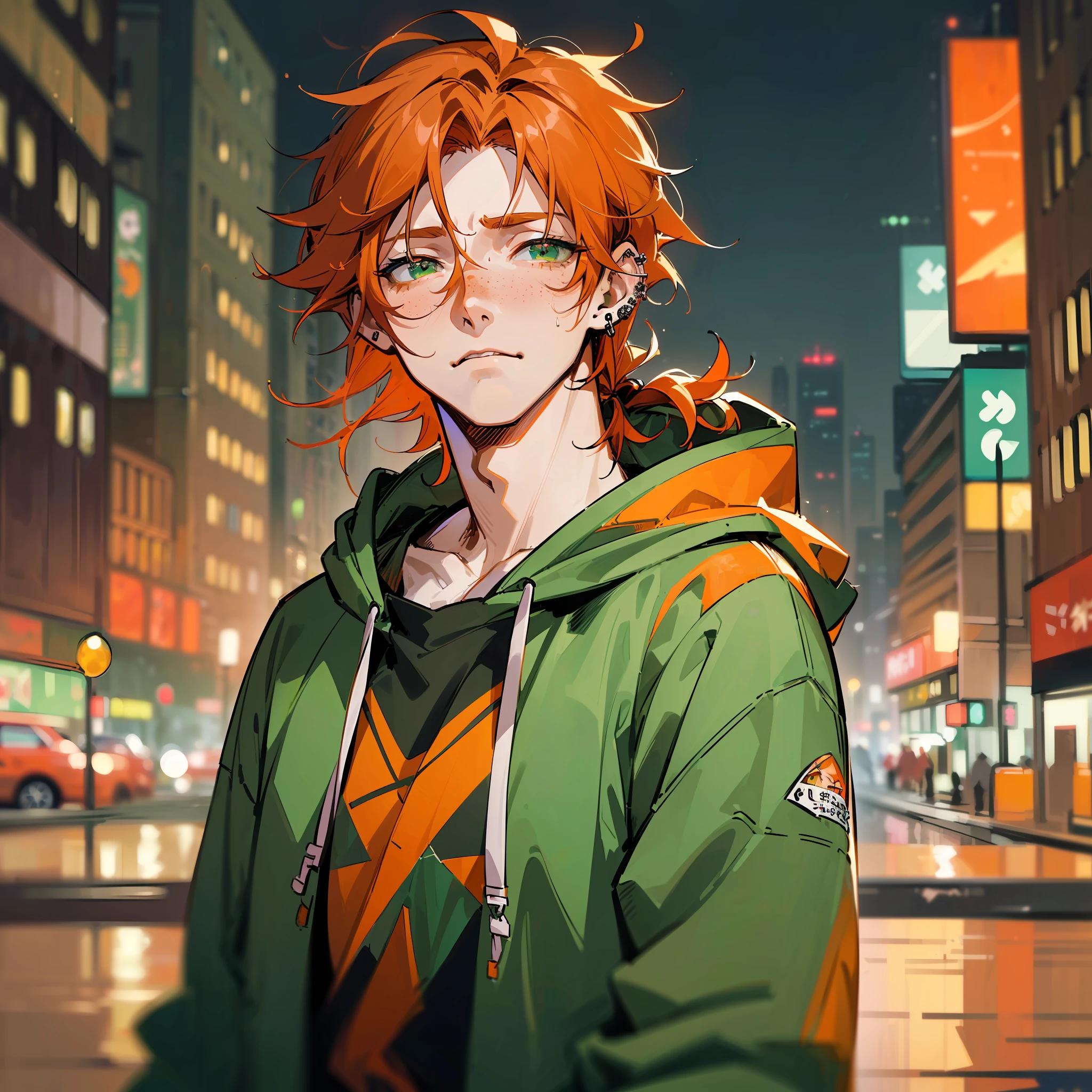 ((highest quality, masterpiece, 4k, finely detailed, detailed eyes, detailed face, gelbooru, pixiv, warm lighting)), ((solo)), 1 male, handsome, male, adult male, older face, broad shoulders, closeup of face, ((red hair up to shoulder)), looking at the viewer ((lazy eyes, semi-eyelids, tired eyes, bags under eyes, green eyes)), (hoodie, sweatpants), ((orange hair,  long length hair, messy hair), standing, city background, night, freckles, ear piercings, anime version, grown man --auto --s2