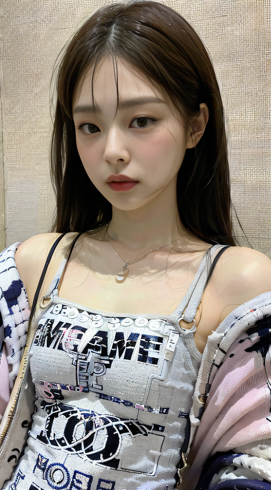 (1girl:1.3), Solo, __body-parts__, Kim Ji-ni Jennie Face, Korean Style Photo, Korean Instagram, Chanel Clothes, World-Misanthropic Face, Sense of Premium, Indifferent Eyes, Femininity, Photography Blockbuster Style, Background Cement Gray, 8K Resolution Image, Intricate Symmetrical Details. The whole picture goes forward, mainly a woman standing all over her body, with smooth movements and a complete picture.