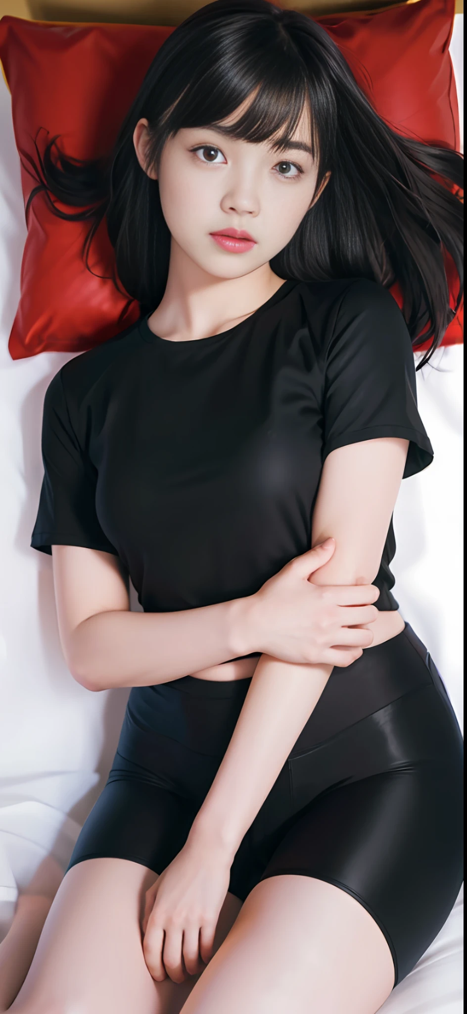masterpiece, masterpiece, best quality, best quality, real, unity, 8k wallpaper, official art, highly detailed cg unity 8k wallpaper, ulzzang-6500, one girl, cute, professional lighting, ((long black spandex shorts: 1.37)), t-shirt, twisting clothes, long hair, disheveled hair, (original: 1.2), (real: 1.4), ultra detailed, high resolution, ultra detail, Wonderful, fine details, cinematic lighting, simple costumes, detailed clothing texture, bed, sleeping on your back, projected from above. (8k, RAW photo, highest quality, masterpiece: 1.27), (realistic, photorealistic: 1.37), physically based rendering, handsome, masterpiece, highest quality, high resolution,