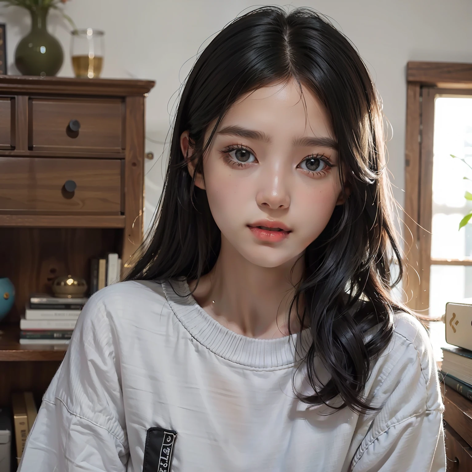 "Young girl with black hair, dressed in house clothes, innocent and fresh, realism, high definition."