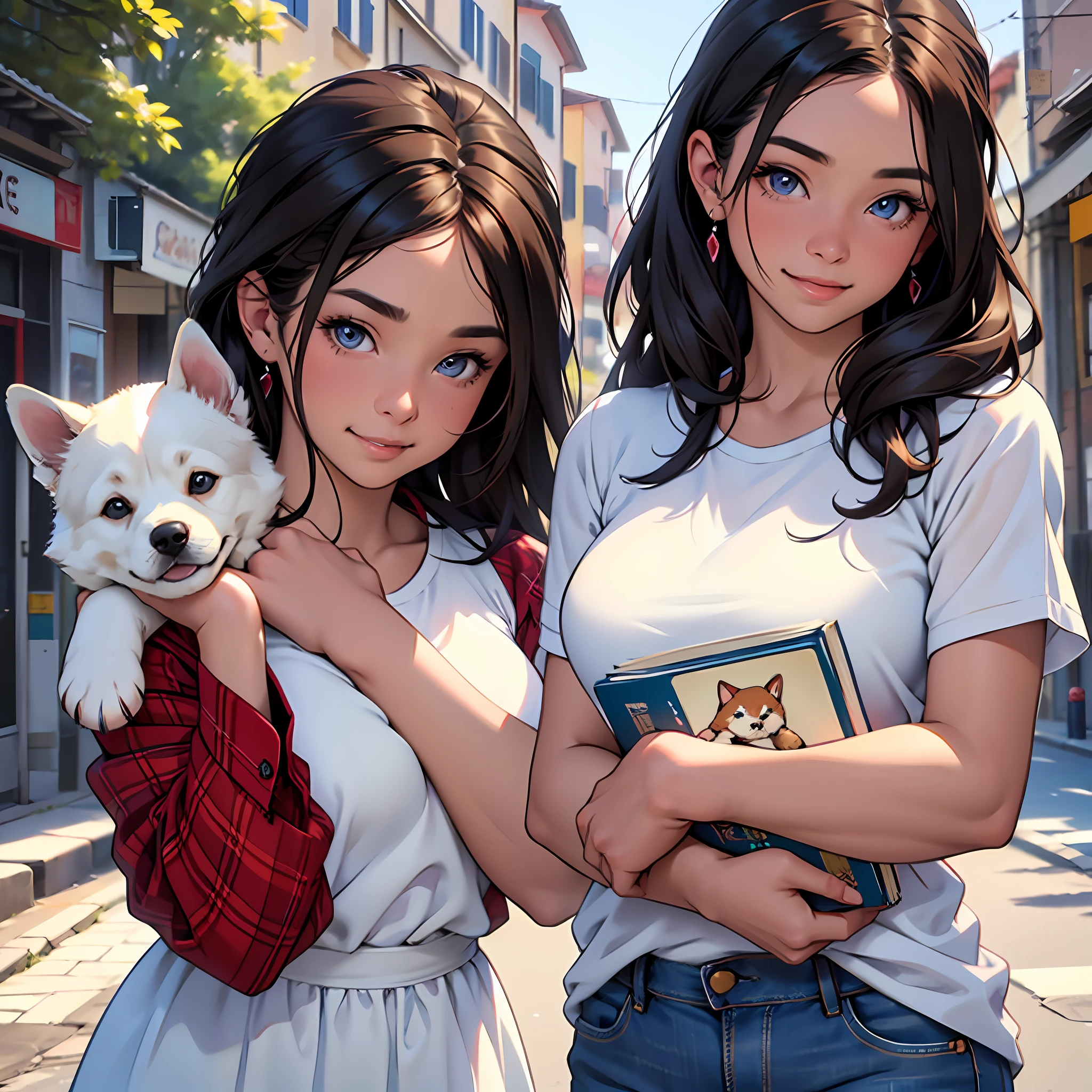 Cute puppy. Beautiful puppy. Adorable puppy. Portrait of a woman in a white dress, holding a book with delicate hands, expressing beauty and strength. Detailed portrait of an indigenous woman in cartoon style, with beautiful eyes, quick brushstrokes and vibrant colors. Cute puppy. Beautiful puppy. Masterpiece of a cute puppy, with red and white fur. Italian girl posing, detailed face, dark hair, athletic body, wearing red flannel and jeans. Soft hair, happy smile, cute Italian.