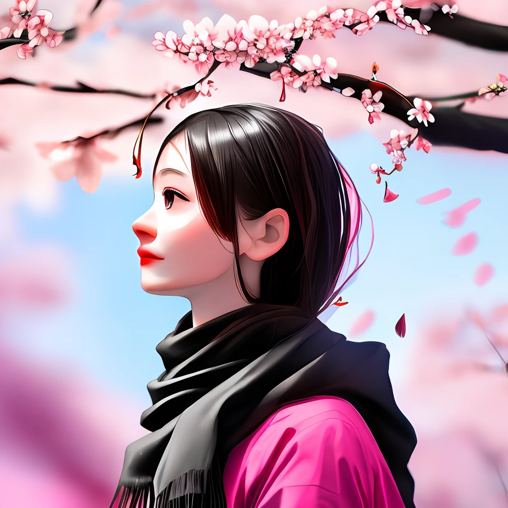 sam yang,

1girl, bird, black eyes, black hair, blurry, blurry background, cherry blossoms, lips, long-tailed tit, looking up, medium hair, profile, scarf, solo, tit (bird)

, ((masterpiece))