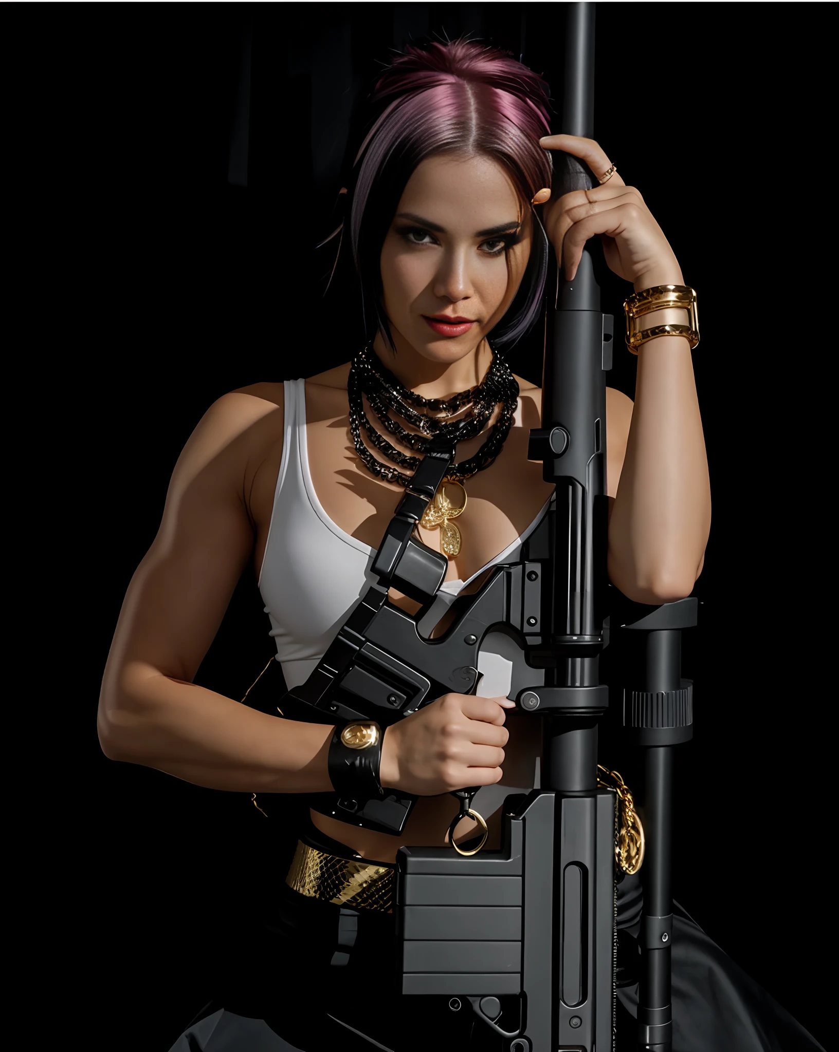 4K, sexy woman, muscular body, black outfit, light pink hair, holding gun, gold bracelet, shaved hair on the side, red necklace, glued costume.