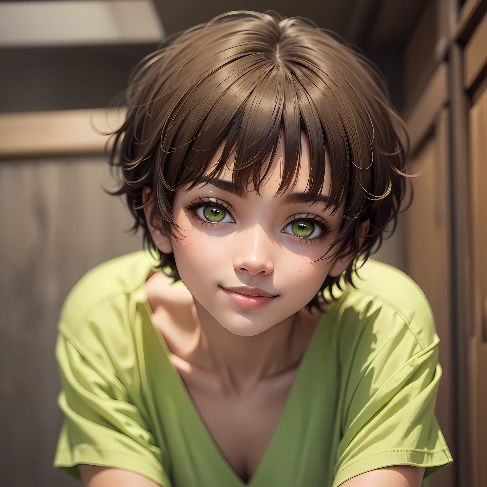 Girl with short hair, light brown skin, looking at the camera with closed smile, black hair and green eyes --auto --s2