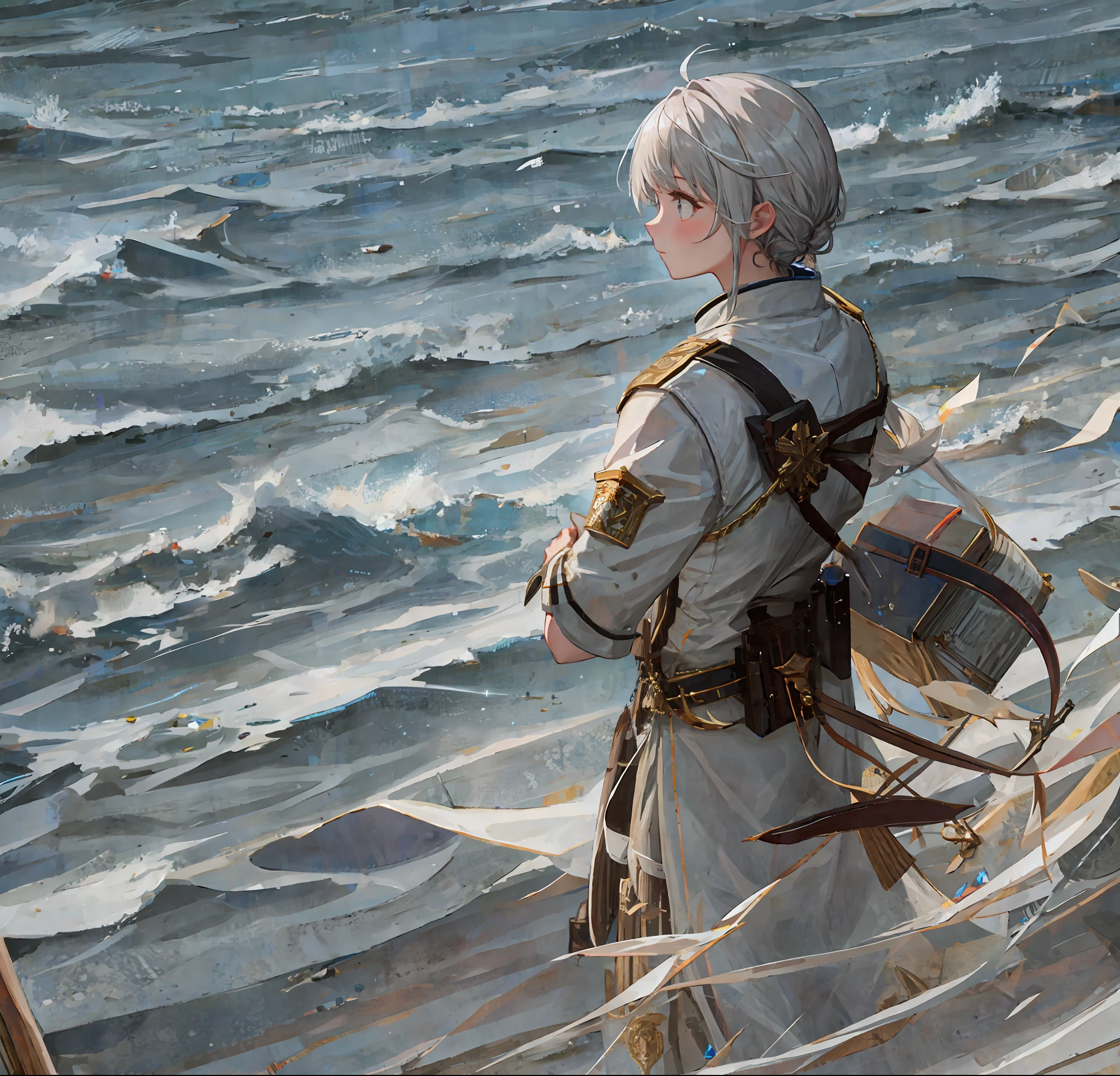 A shining white sailing ship floats in the night sky, and below it is the sea, reflecting them, and between the sailing ship and the sea, a silver-haired girl spreads her wings and flutters, and the girl prays with the sun in her back.