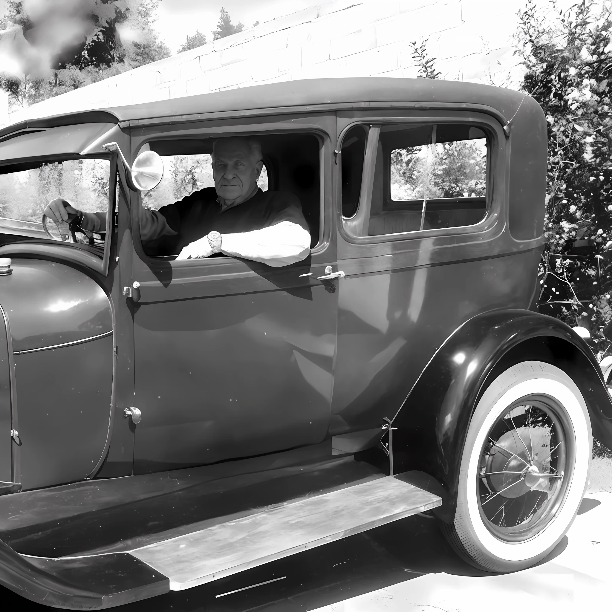 there is a man sitting in the driver's seat of a car, driving a hotrod, old timey, 1 9 2 8, 1929, vintage car, old car, 1 9 2 0 s, 1920s, 1 9 2 7, car shot, by Dennis Ashbaugh, by Bob Thompson, classic car, by Leo Michelson
