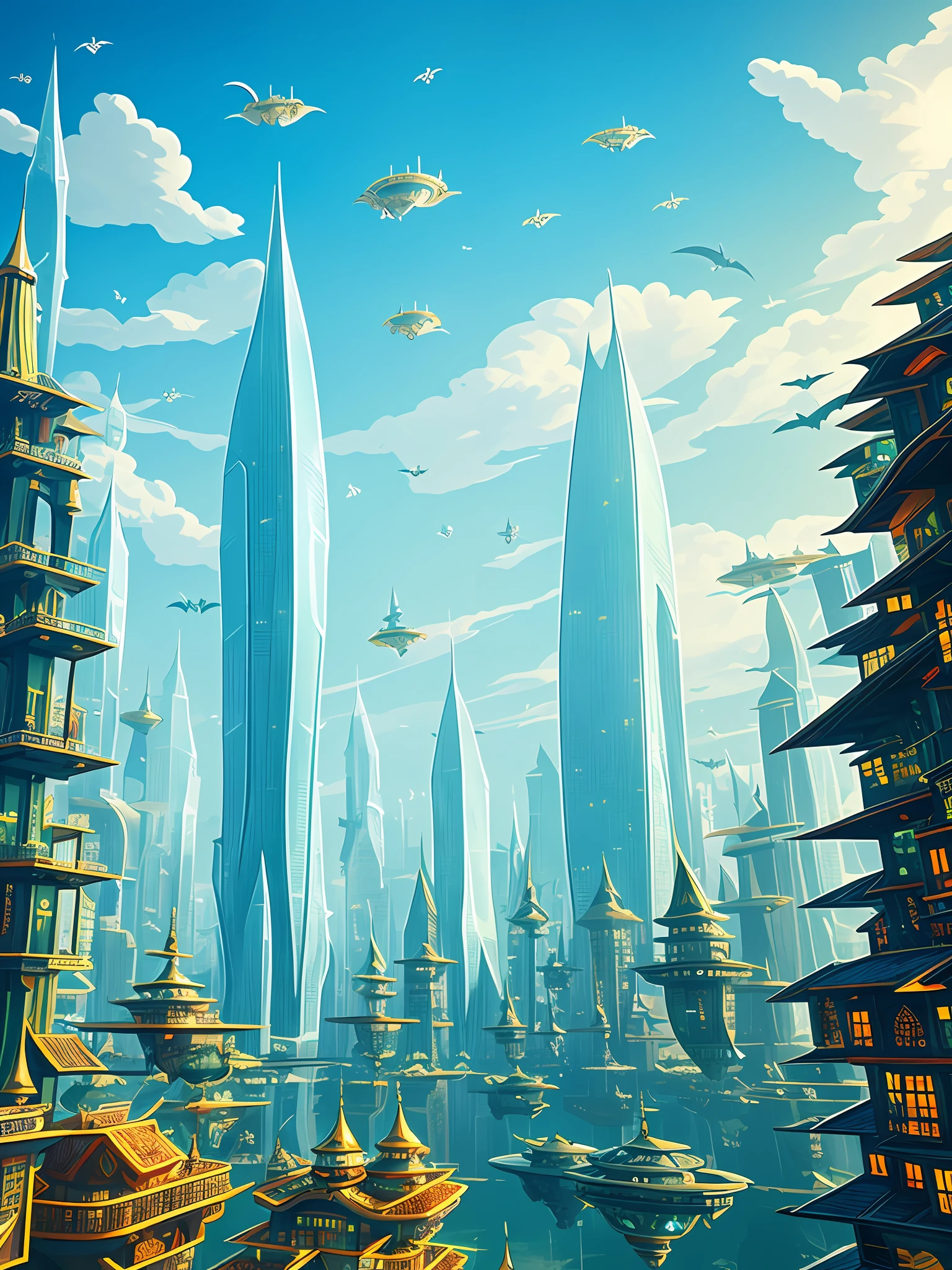 Translucent buildings in a floating city populated by metallic flying beings in the shape of stylized bats.