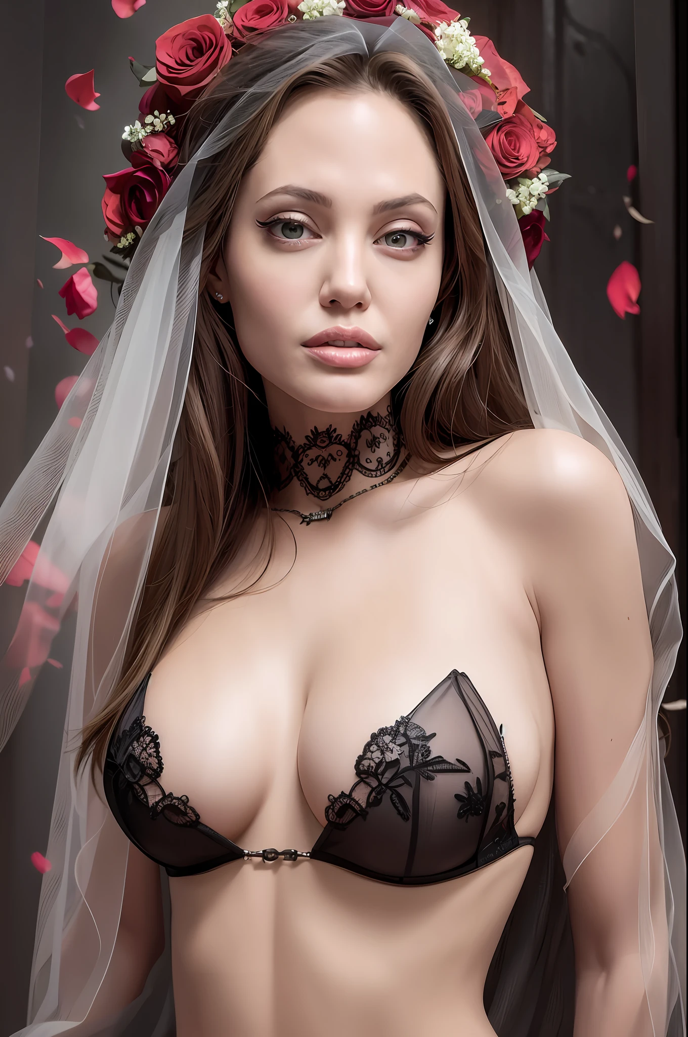 Masterpiece, best quality, nsfw, a portrait photograph of a beautiful woman, American actress, angelina jolie, small and thin y framed with huge bred spider tattoos, wearing an elegant (black wedding dress) with embroidered opals and a black tulle veil, carrying a bouquet of red roses in a dark and crowded satanic church with an upside-down cross in the background, Chiaroscuro, from Suicide Gi, --q 1, DSLR --v 6 --s2