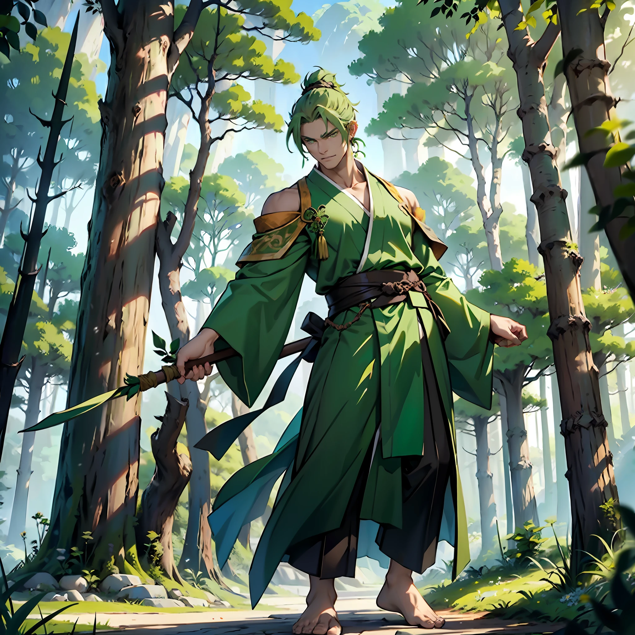 Gorgeous man, thin, green robe with rips, brown colored blouse under the robe, green colored arabic pants, barefoot, green hair in ponytail, green colored eyes, Korean appearance, holding an aged staff, tulip flower in the left ear, indifferent look, fighting pose, mystical forest scenery.