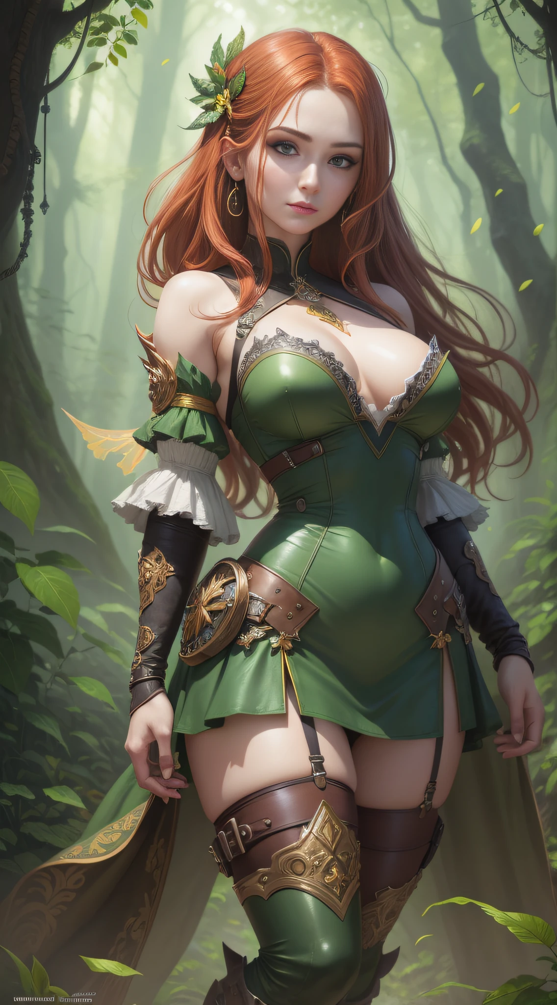 A beautiful maiden, full body, beautiful eyes, red hair, wearing little leather clothing with green and gold details in a magical forest, detailed face, vibrant eyes, fantasy art, artgerm style, illustration, epic, fantasy, intricate, Rembrandt light, hyper detailed, artstation, concept art, smooth, sharp focus, ray tracing, vibrant, perfect hands with five fingers