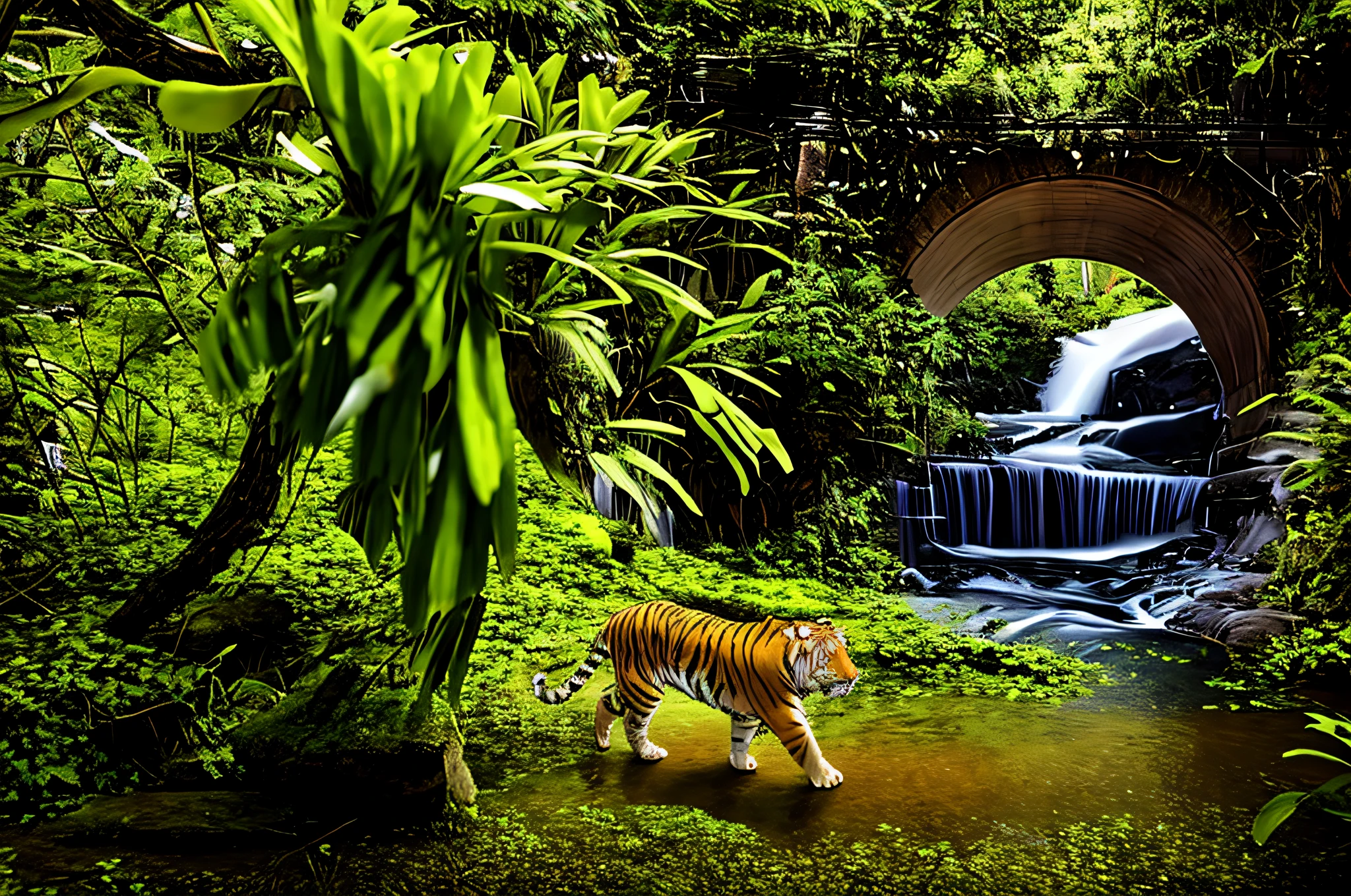 Ultra realistic image tiger walking in the jungle near a waterfall, jungle nature, beautiful jungle, primitive jungle, in the jungle of the forest, tunnel in a stone wall full of bushes and a waterfall in the background . 32k image of jungle !!!