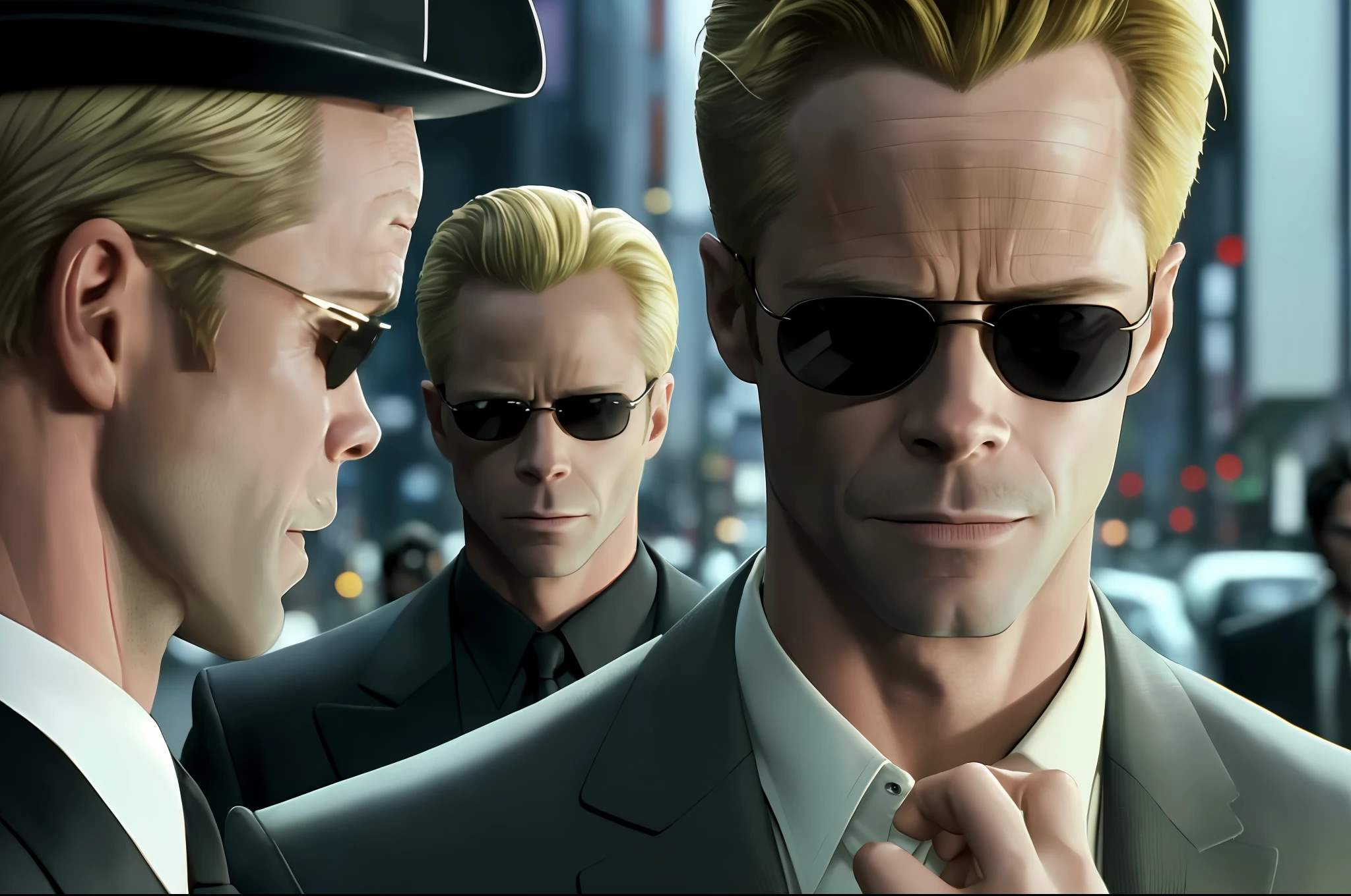 ((best quality)), ((masterpiece)), (detailed) fan art of evil man (blond GUY PEARCE) in a pitch black suit with his back to the camera, ((blond GUY PEARCE face)) back looking away, blond GUY PEARCE, the matrix (1999), square sunglasses, night, 80mm, ((western animation)), (neo the matrix (1999)), (short hair), (tokyo street nights), (albert wesker)
