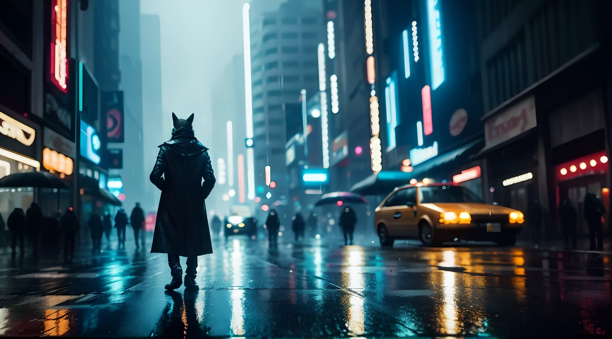 araffe walking down a city street in the rain at night, like a scene from blade runner, blade runner vibes, rainy cyberpunk city, hyper-realistic cyberpunk style, hyper realistic cyberpunk city, 4 k resolution blade runner, cyberpunk noir, cyberpunk in a cyberpunk city, cyberpunk night street, at an cyberpunk city, cyberpunk streets at night, at a cyberpunk city