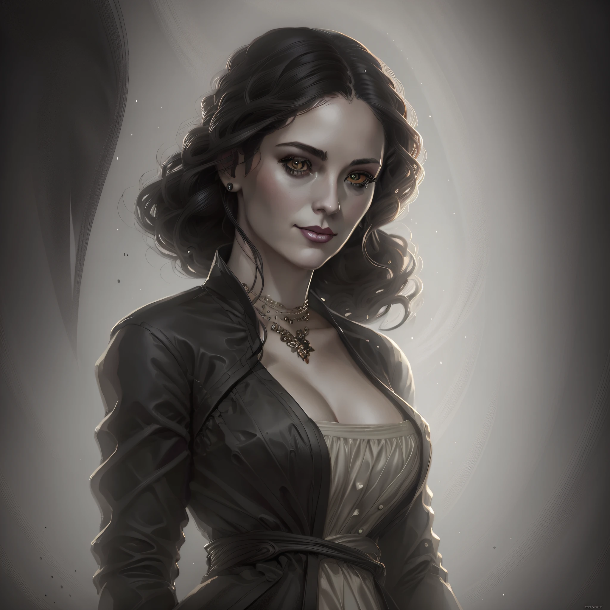 There is a woman in a white, black, middle-aged, slightly gray coat, Charlie Bowater character art, Tom Bagshaw Weta Studio, Artgerm and Tom Bagshaw, Charlie Bowater style, Tom Bagshaw artstyle, Tom Bagshaw style, Tom Bagshaw Artstyle, Charlie Bowater art style, Tom Bagshaw Donato Giancola