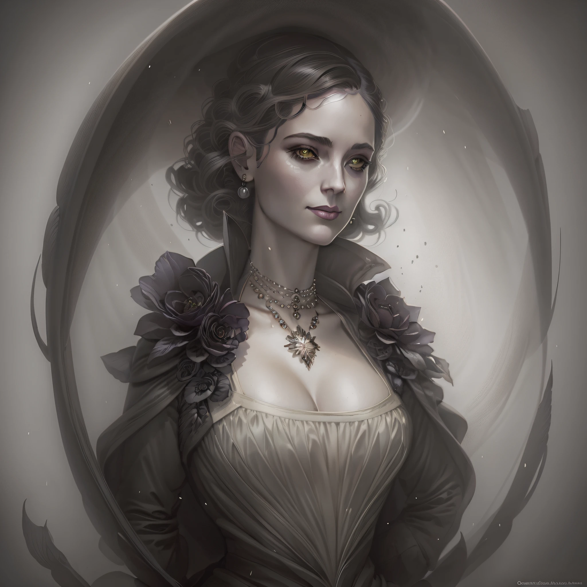 There is a woman in a white, black, middle-aged, slightly gray coat, Charlie Bowater character art, Tom Bagshaw Weta Studio, Artgerm and Tom Bagshaw, Charlie Bowater style, Tom Bagshaw artstyle, Tom Bagshaw style, Tom Bagshaw Artstyle, Charlie Bowater art style, Tom Bagshaw Donato Giancola