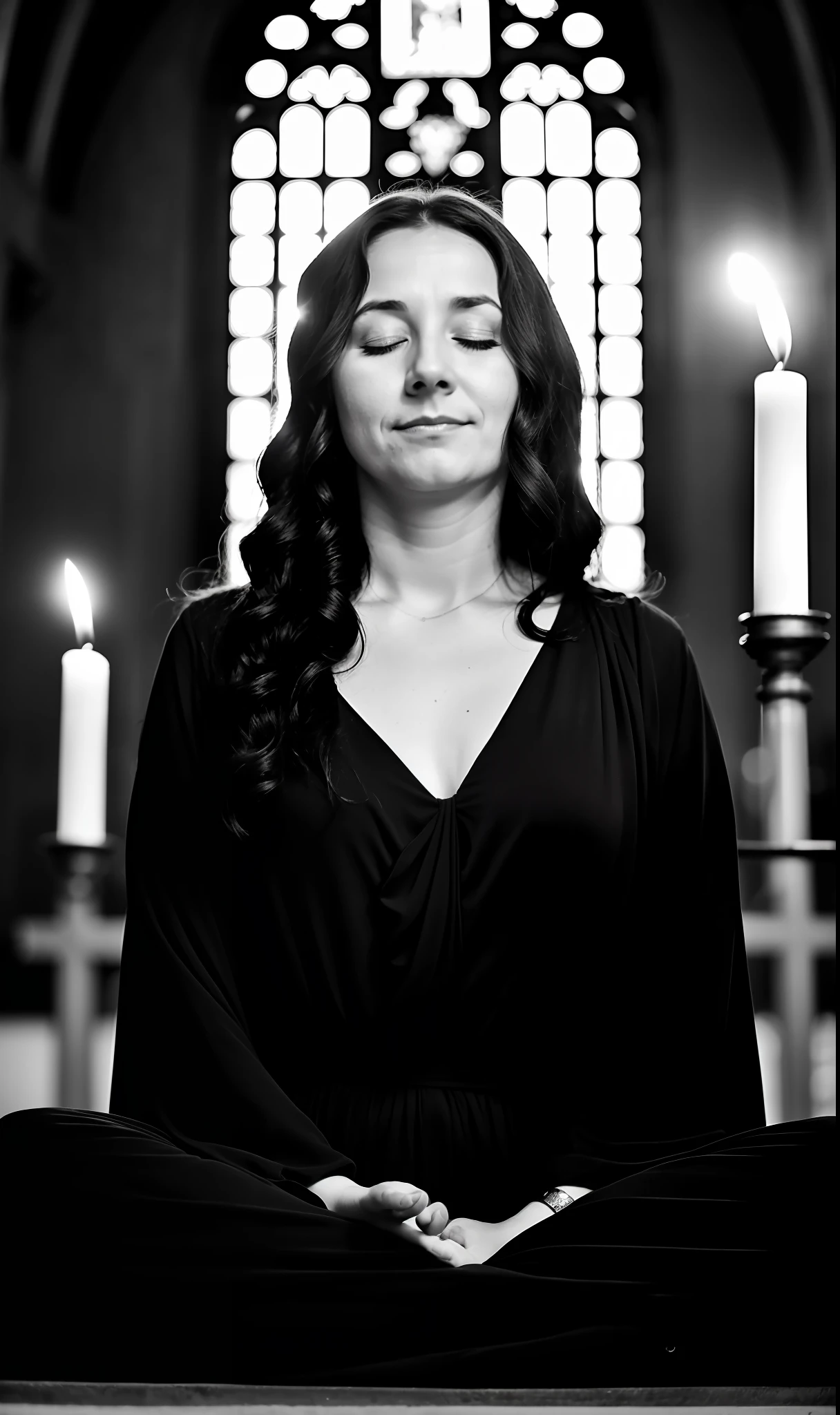 black and white photo of a 40-year-old woman in black clothes, wavy hair, mystic, head tilted up, (eyes closed, meditating), half body, highly detailed skin, skin pores, inside church, lit candles, 8k uhd, Dslr, soft lighting, high quality, film grain, Fujifilm XT3