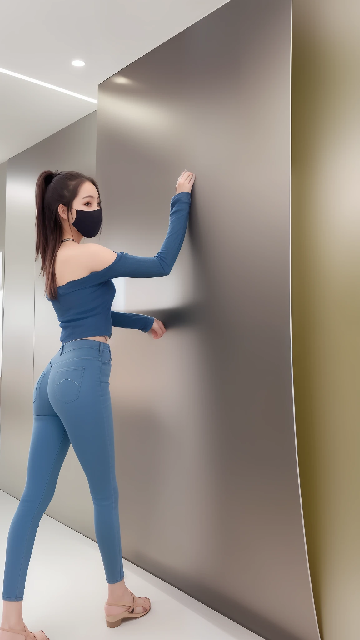 araffed woman in a blue top and jeans leaning against a wall, black extremely tight jeans, touching her clothes, waist reaching ponytail, ( ( ( wearing jeans ) ) ), her wardrobe is attractive, gorgeous chinese model, attractive pose, tight denim jeans, tight outfit, thicc, woman is curved, wearing tight simple clothes, wall ], leaning on the wall