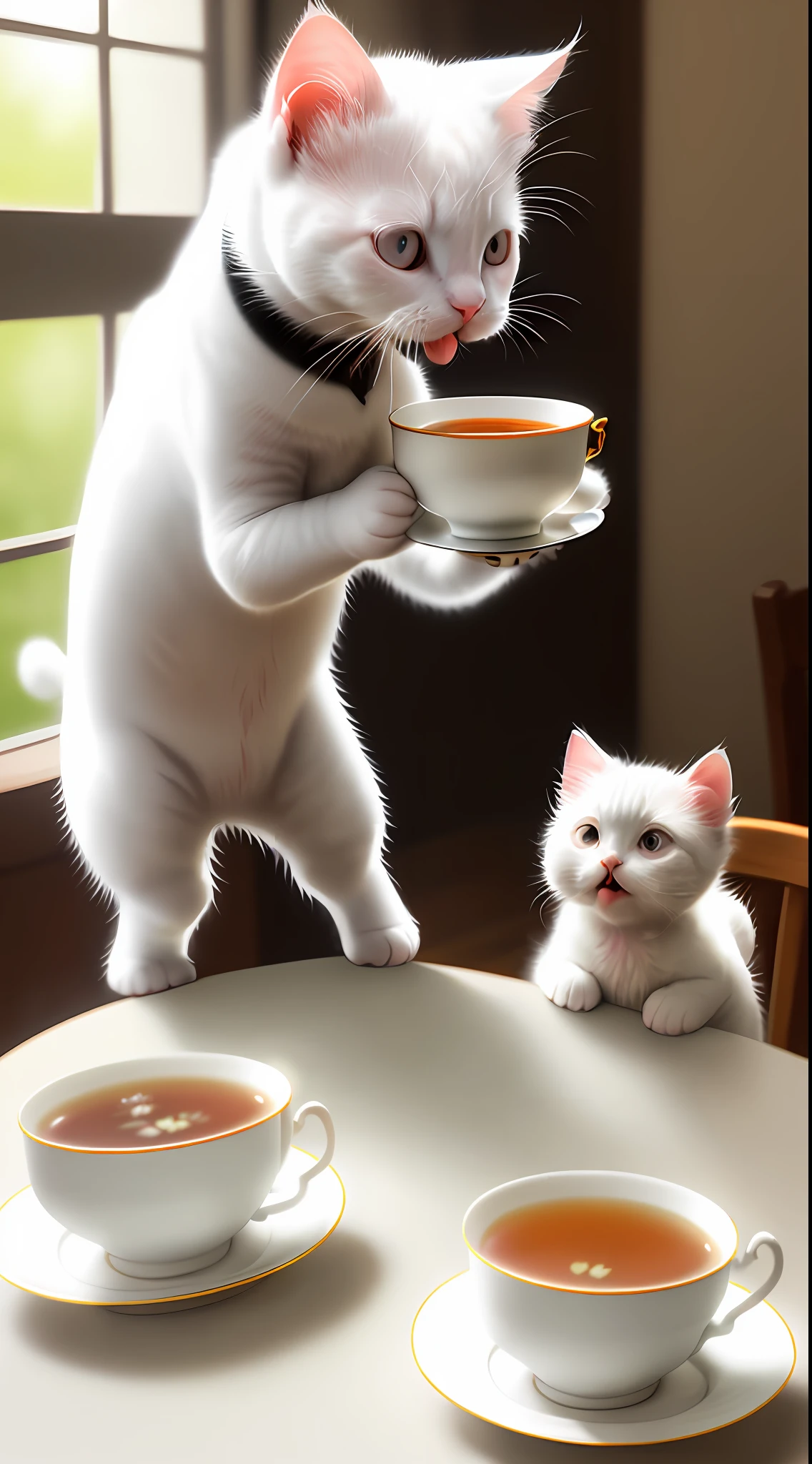 White kitten with a black spot on the head, on a cup of tea, Face out, Tongue out, Front paws out, 8k, Professional photo, delicate, clear, on the table, in the house, sun, light leak, masterpiece, (((((Beautiful))), Fashion tea cup, (Reality))))