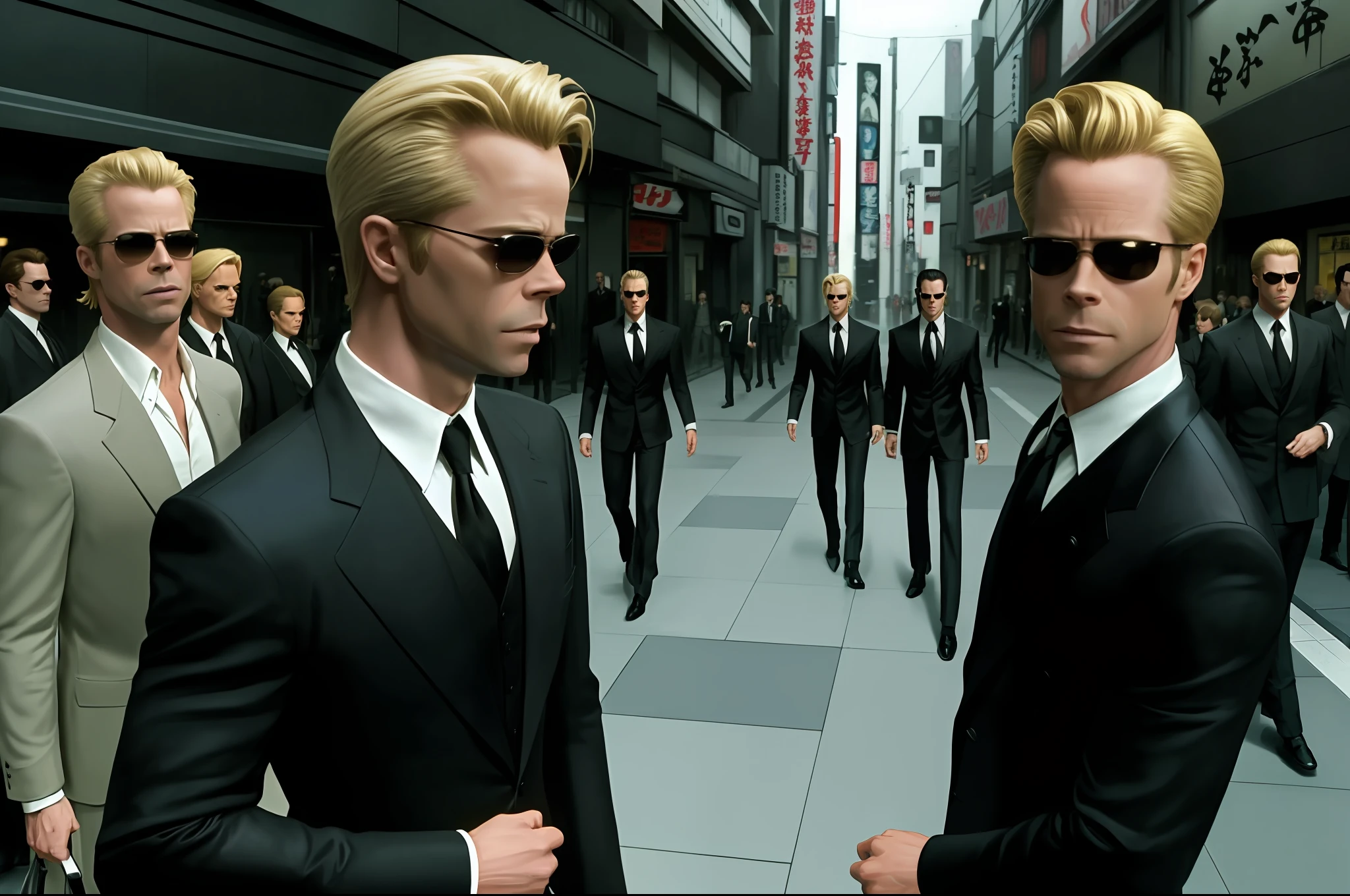 ((best quality)), ((masterpiece)), (detailed) fan art of evil man (blond GUY PEARCE) in a pitch black suit with his back to the camera, ((blond GUY PEARCE face)) back looking away, blond GUY PEARCE, the matrix (1999), square sunglasses, night, 80mm, ((western animation)), (neo the matrix (1999)), (short hair), (tokyo street nights), (albert wesker)