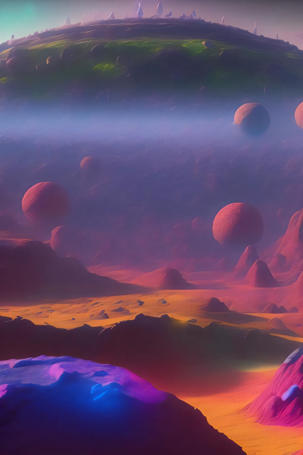 landscape photograph of a advanced civilization in a unique subatomic world, vibrant colors, octane render, volumetric light, Sony 500A, magical or imaginary world, with microbial life forms