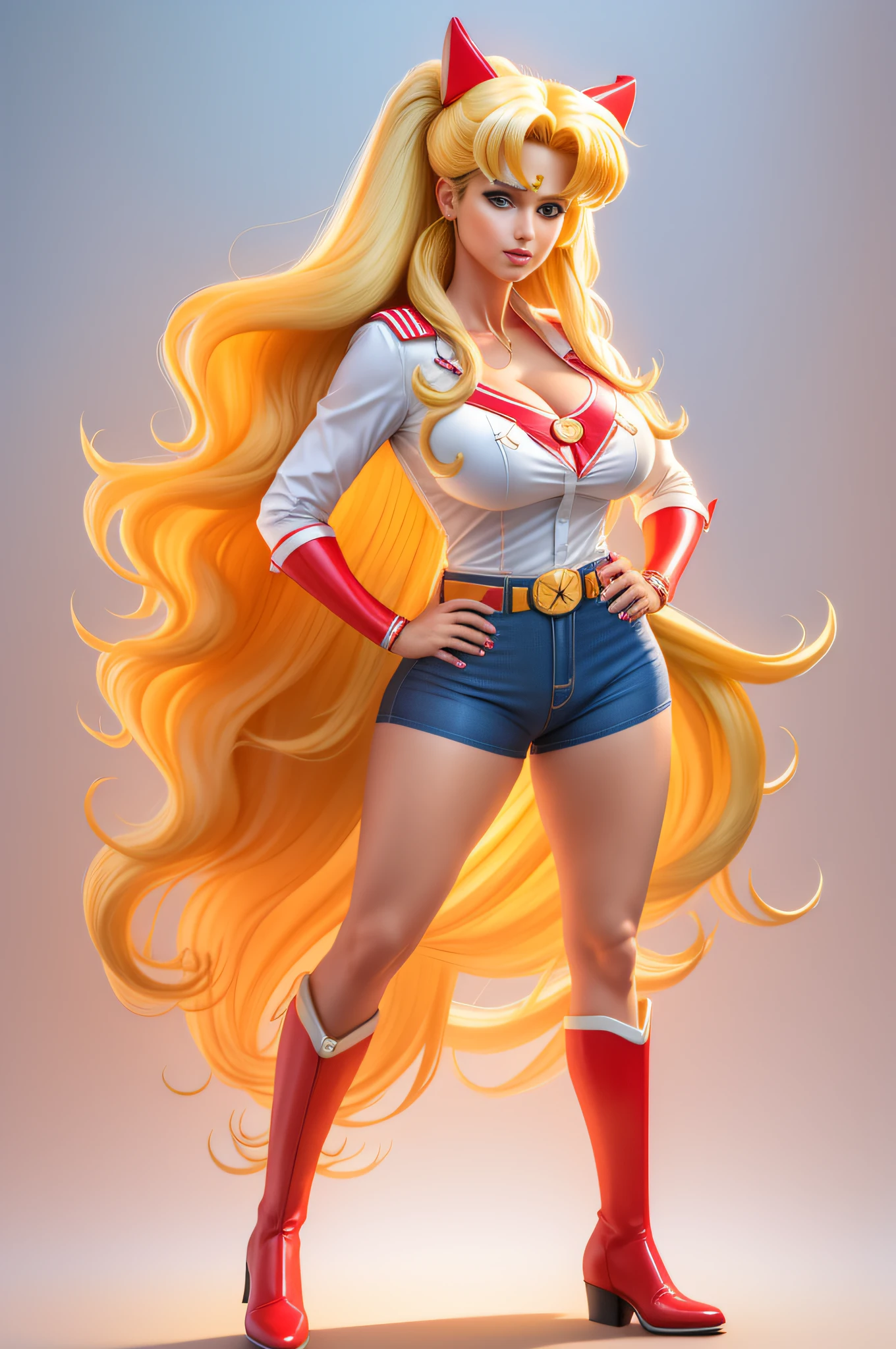 cowboy shot, full body portrait, Superhero, 1980s \(style\), 1girl, long blonde hair, retro artstyle, long wavy hair, solo, Sailor Moon outfit, unbutton_shirt, (natural_breasts:1.2), medium_breasts, cleavage, full body shot, model pose, shoes visible