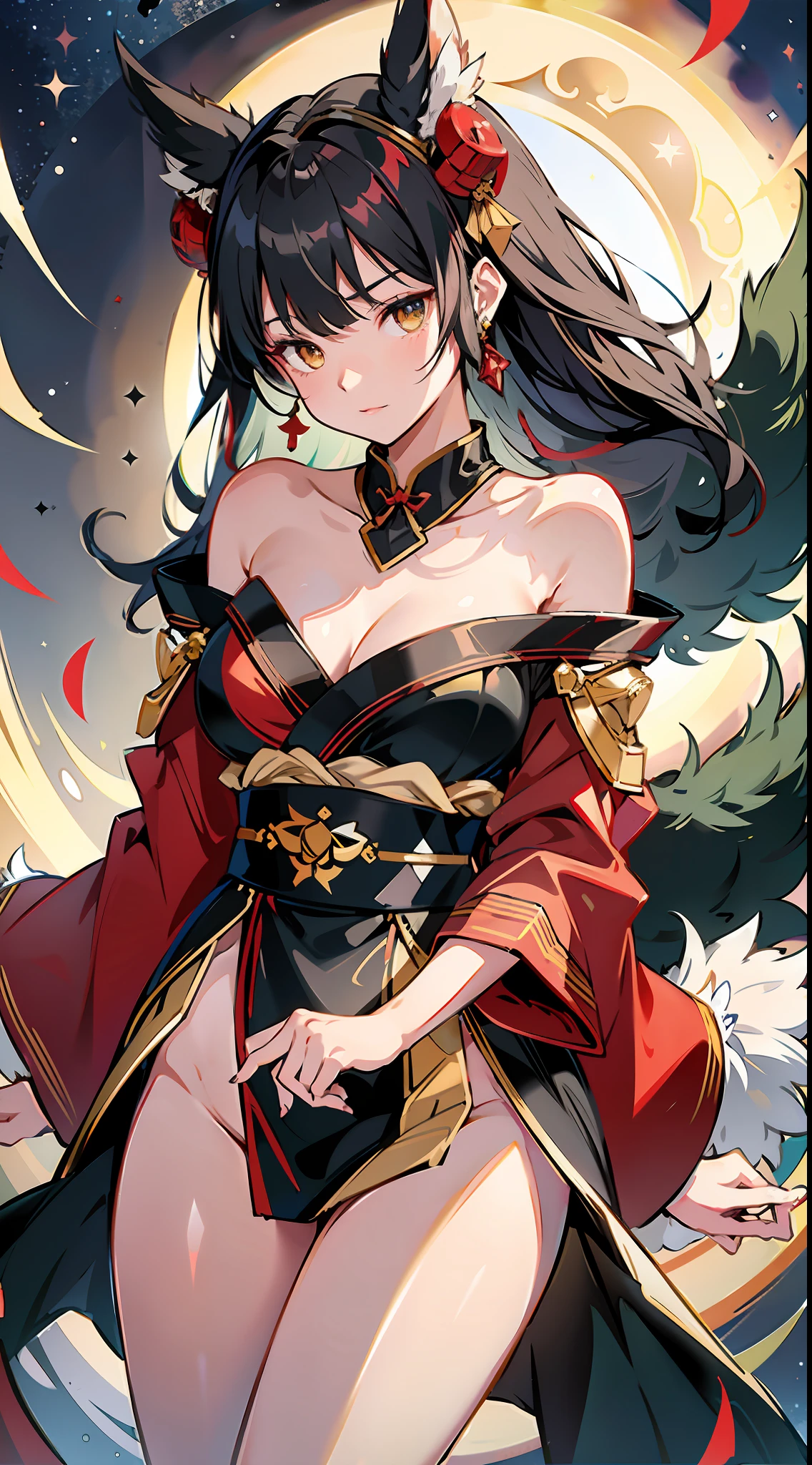 absurd res, high res, (masterpiece:1.4), ultra-detailed, girls, from front, space, floating, dark red kimono, dark green + red dress, black underwear, light black hair, yellow eyes, hands out of frame, furry ears, slightly open kimono, fluffy ears, medium breasts, boobs, yellow eyes, kimono falling from shoulders, bare shoulders, bare legs