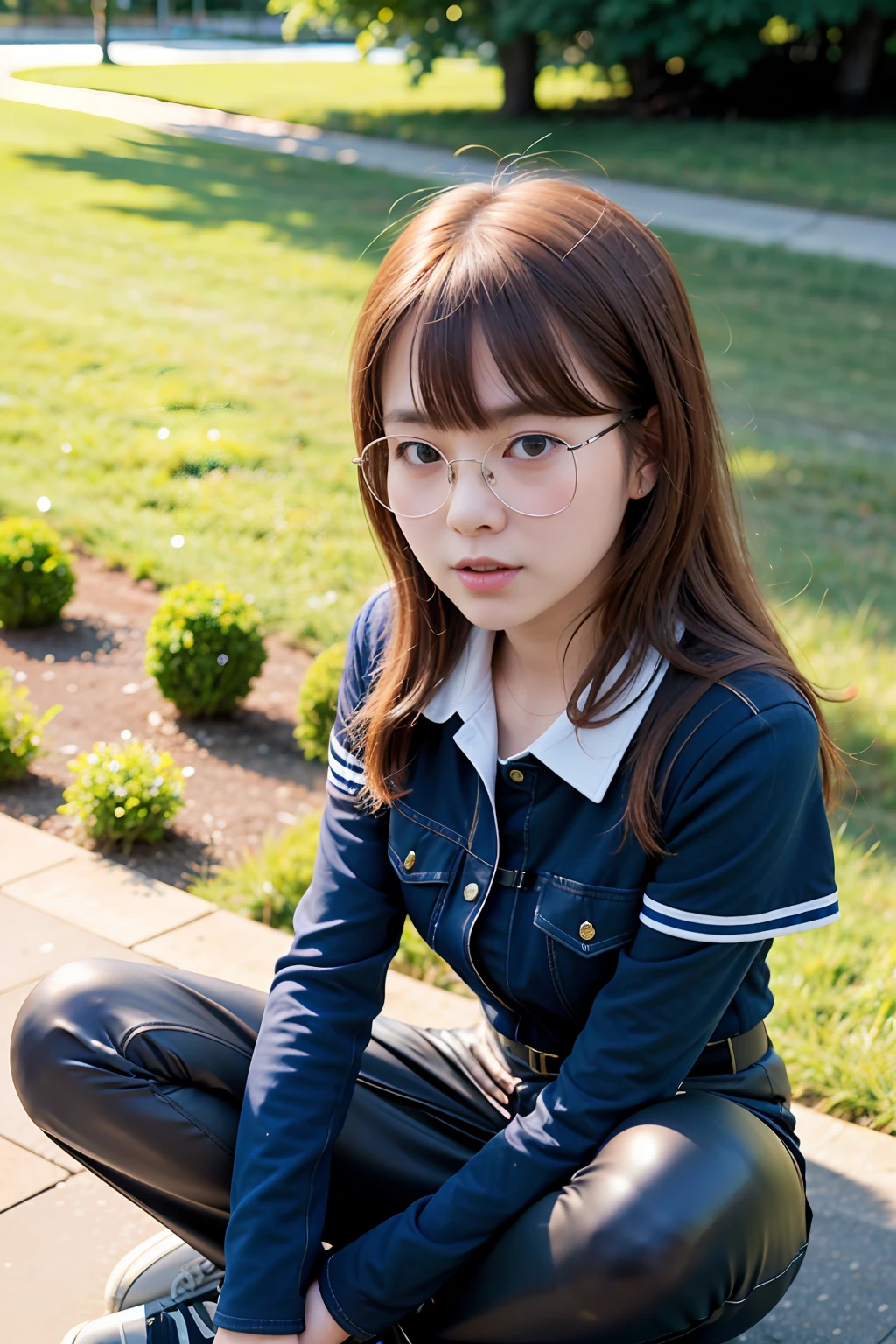 Beautiful Japan woman in golf clothes, real person, detailed body, squatting, live action, glasses, skirt flipping, office lady