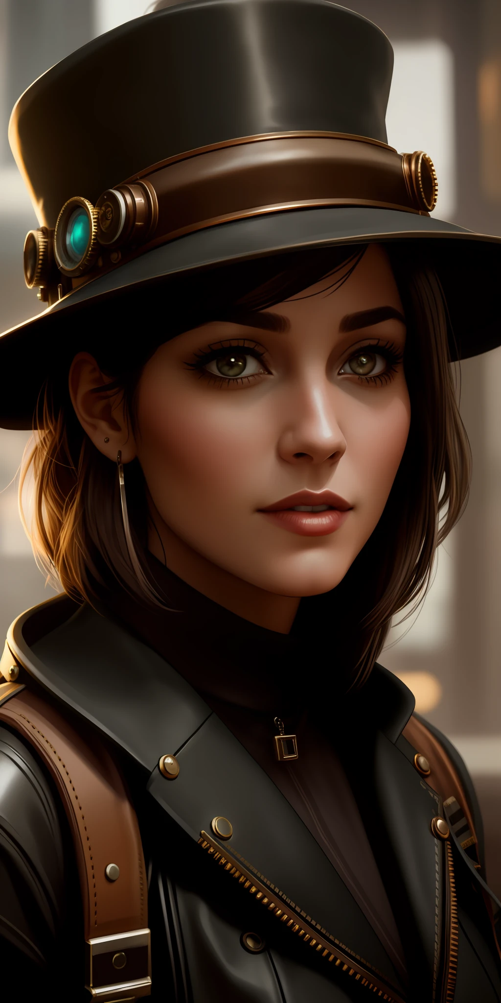 there is a woman wearing a hat and a leather jacket, cgsociety portrait, cinematic realistic portrait, closeup portrait of an artificer, high quality portrait, 8k portrait render, cinematic headshot portrait, highly detailed vfx portrait, loba andrade from apex legends, medium close up portrait, ultra detailed portrait, lofi bioshock steampunk portrait, cinematic bust portrait