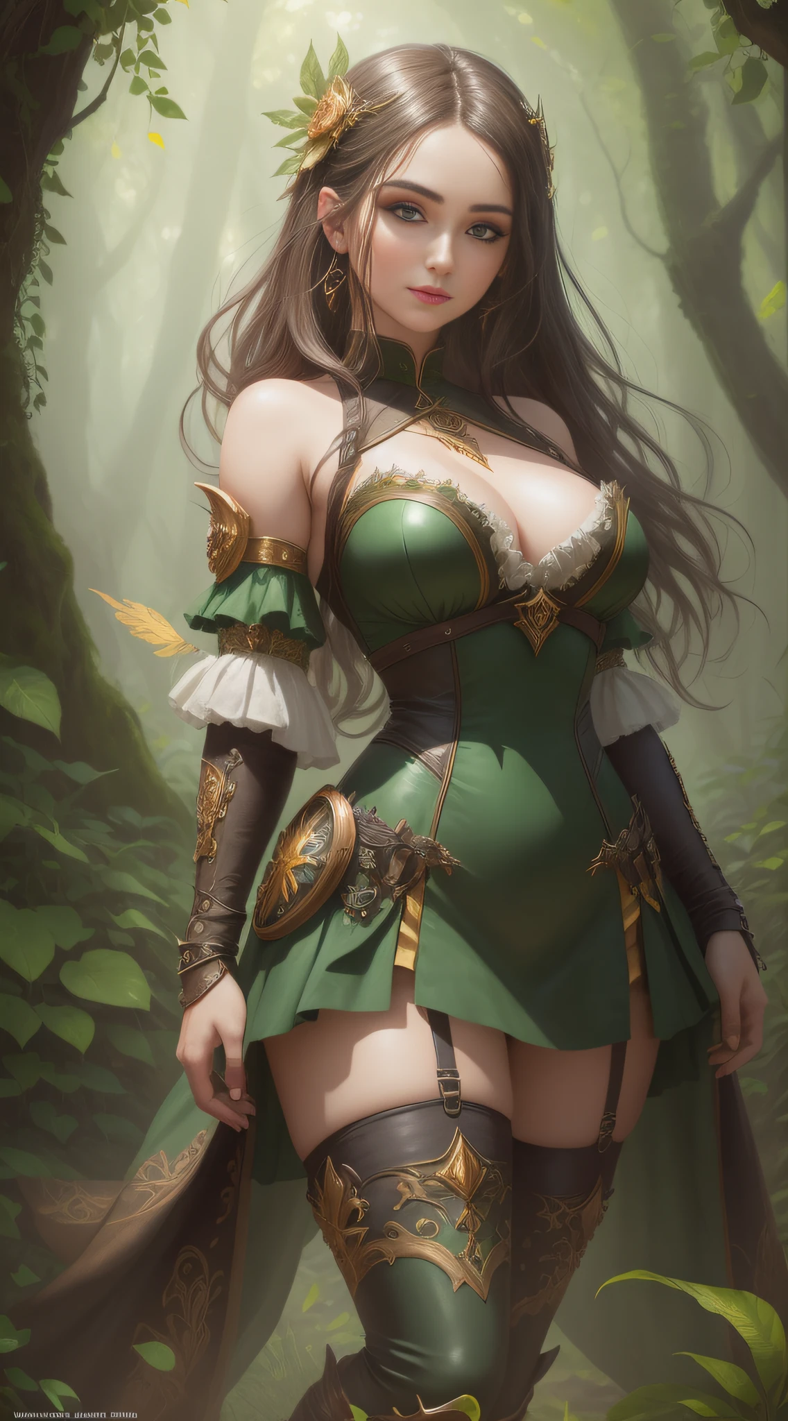 A beautiful maiden, full body, beautiful eyes, black hair, wearing little leather clothing with green and gold details in a magical forest, detailed face, vibrant eyes, fantasy art, artgerm style, illustration, epic, fantasy, intricate, Rembrandt light, hyper detailed, artstation, concept art, smooth, sharp focus, ray tracing, vibrant, perfect hands with five fingers