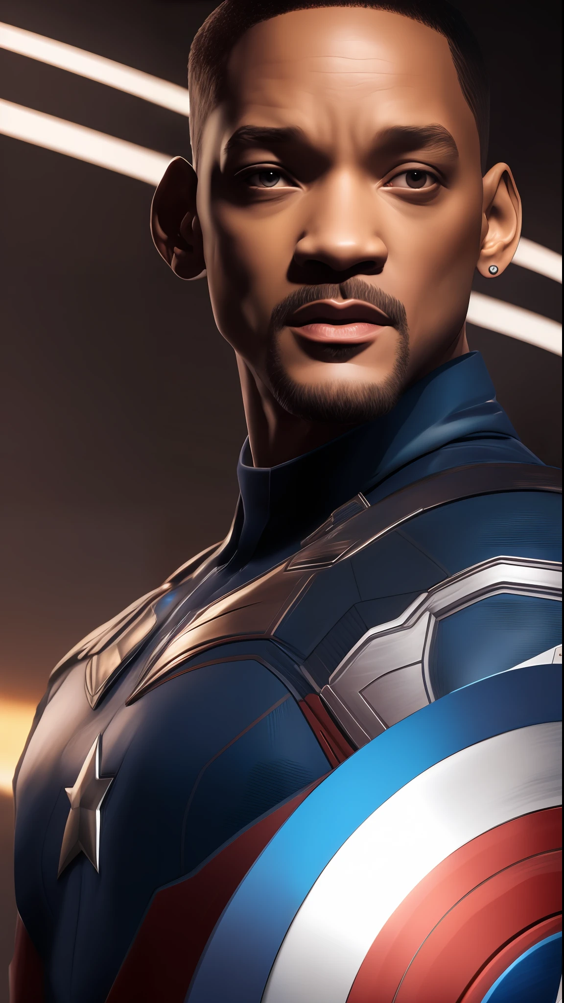 Will Smith as Captain America, close-up portrait, digital art inspired by Tarantino, Marvel and DC style, hyper-realistic and cinematic style, detailed face, eyes and suit, evening light and moody lighting effects, 8k resolution