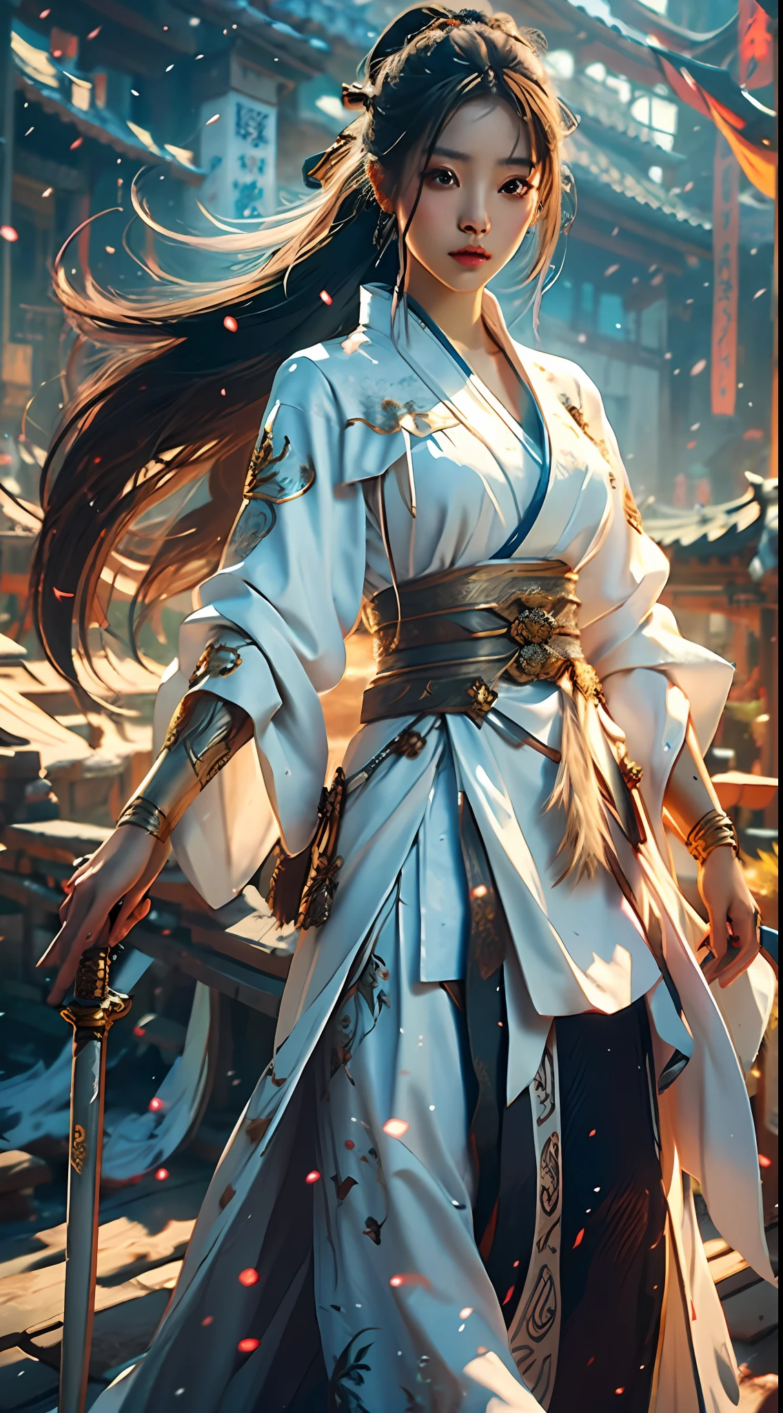a close up of a woman with a sword in a white dress, a character portrait by Yang J, trending on cgsociety, fantasy art, beautiful character painting, artwork in the style of guweiz, guweiz, white hanfu, flowing white robes, full body wuxia, epic exquisite character art, stunning character art, beautiful female assassin