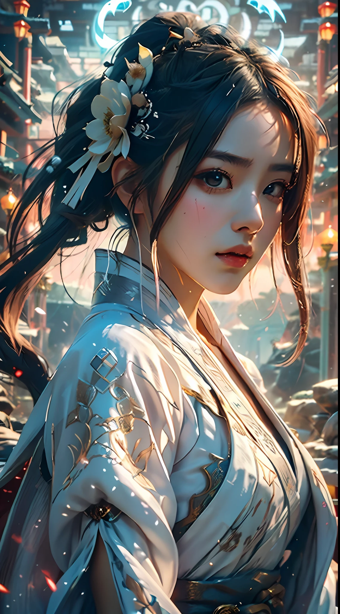 a close up of a woman with a sword in a white dress, a character portrait by Yang J, trending on cgsociety, fantasy art, beautiful character painting, artwork in the style of guweiz, guweiz, white hanfu, flowing white robes, full body wuxia, epic exquisite character art, stunning character art, beautiful female assassin