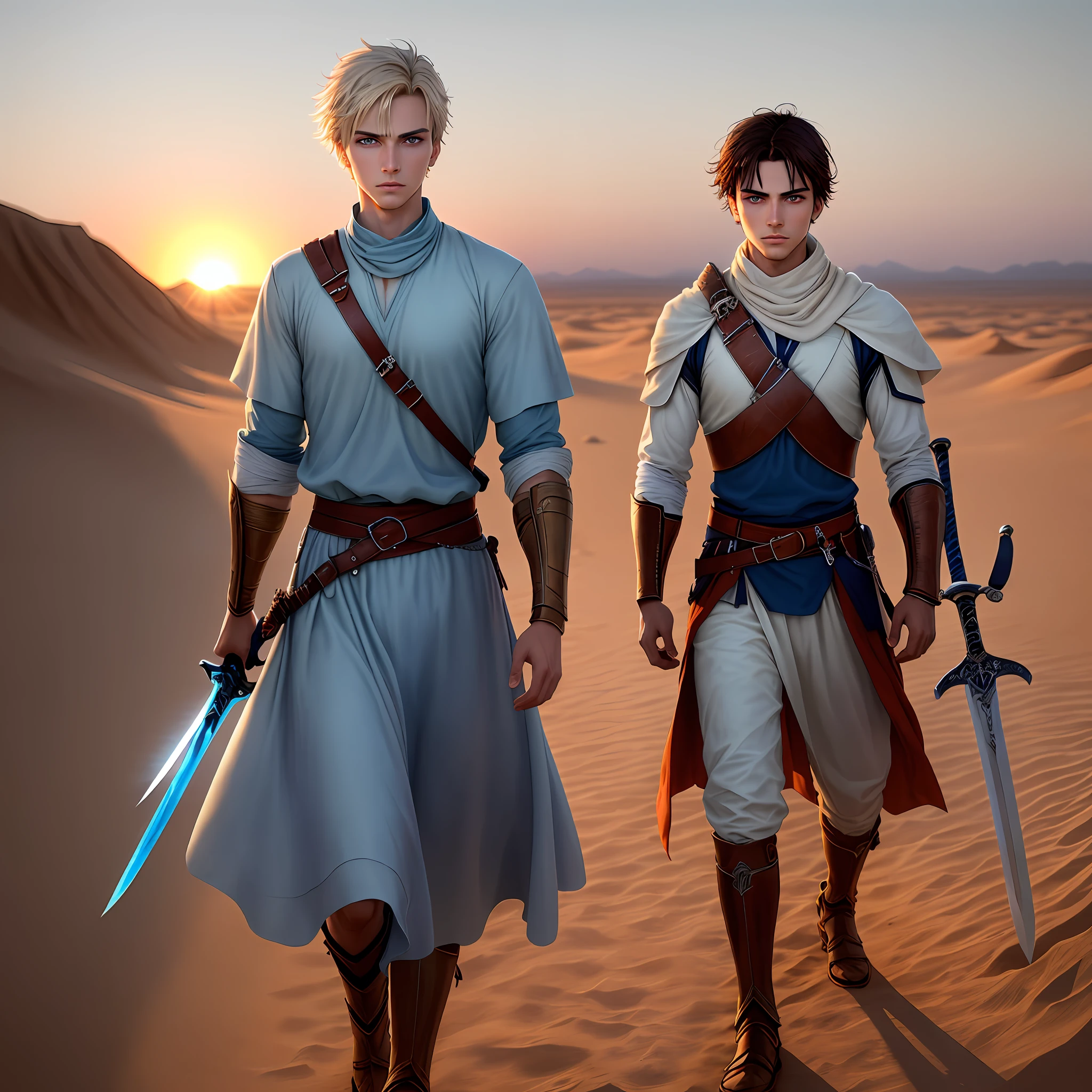A beautiful young man, light blue eyes, walking in a barren desert, a sword at his waist, intense eye directly to the camera, the sun setting in the background