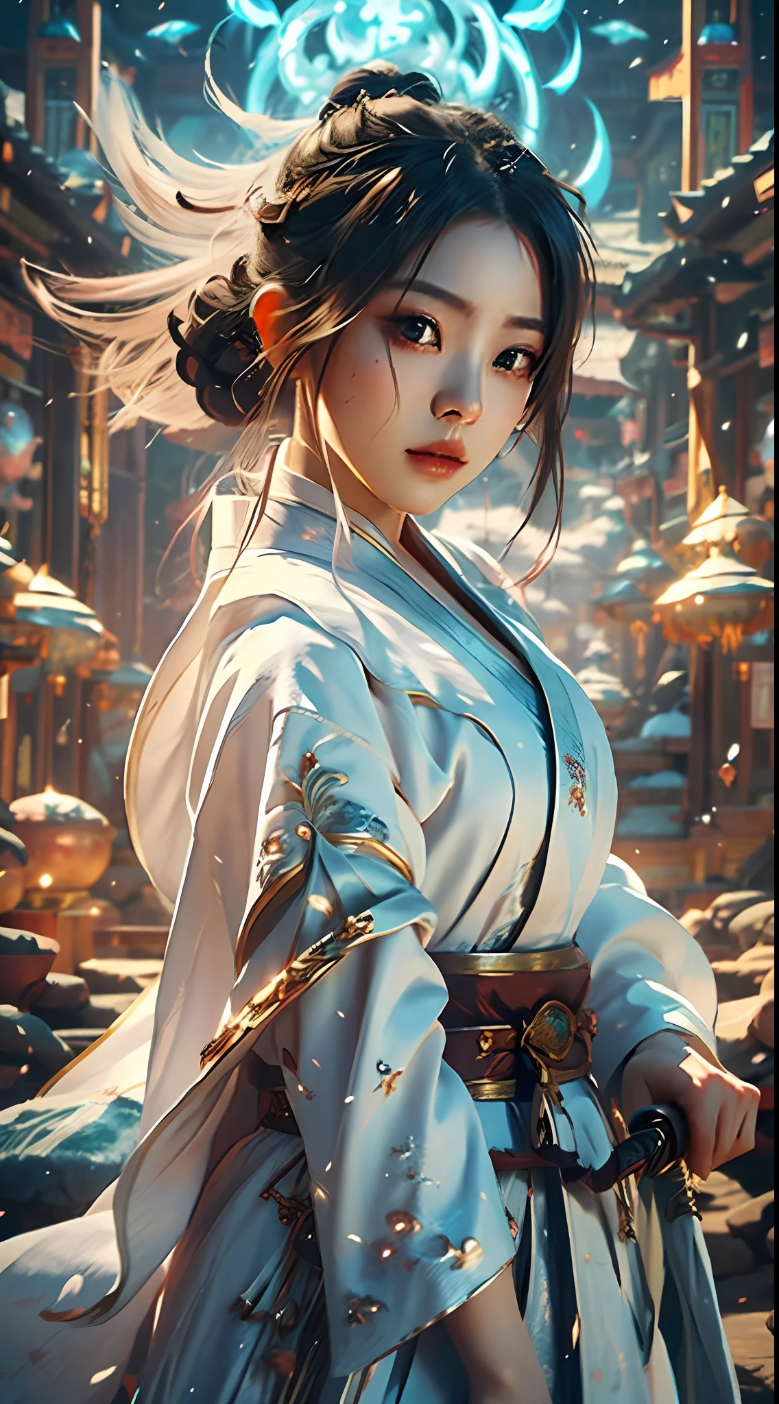 a close up of a woman with a sword in a white dress, a character portrait by Yang J, trending on cgsociety, fantasy art, beautiful character painting, artwork in the style of guweiz, guweiz, white hanfu, flowing white robes, full body wuxia, epic exquisite character art, stunning character art, beautiful female assassin