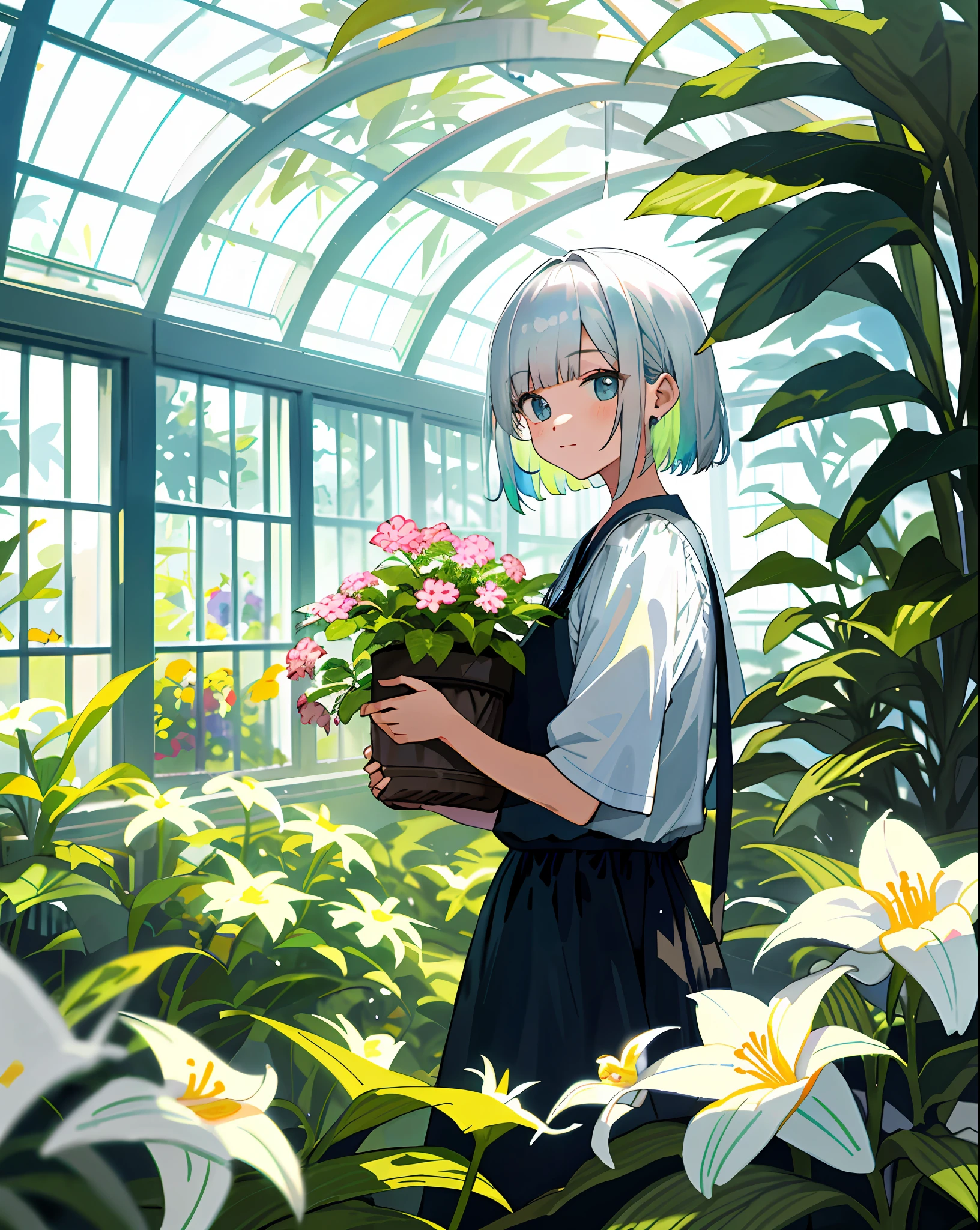 There are many houseplants in the summer greenhouse, colorful flowers blooming, there is a silver-haired girl and a kitten