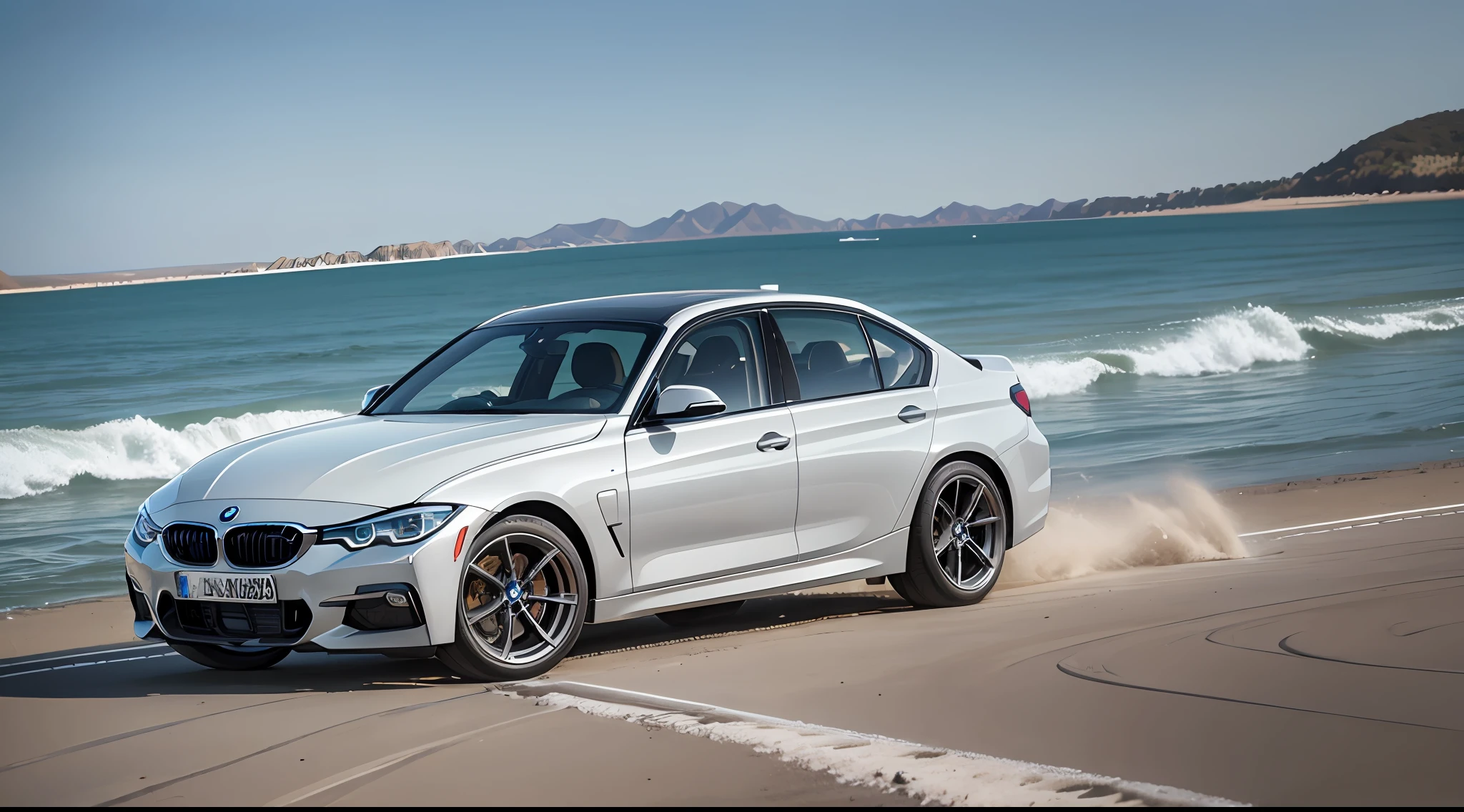 Car BMW 328i, year 2015, white, accelerating very a beach by the lake --auto --s2