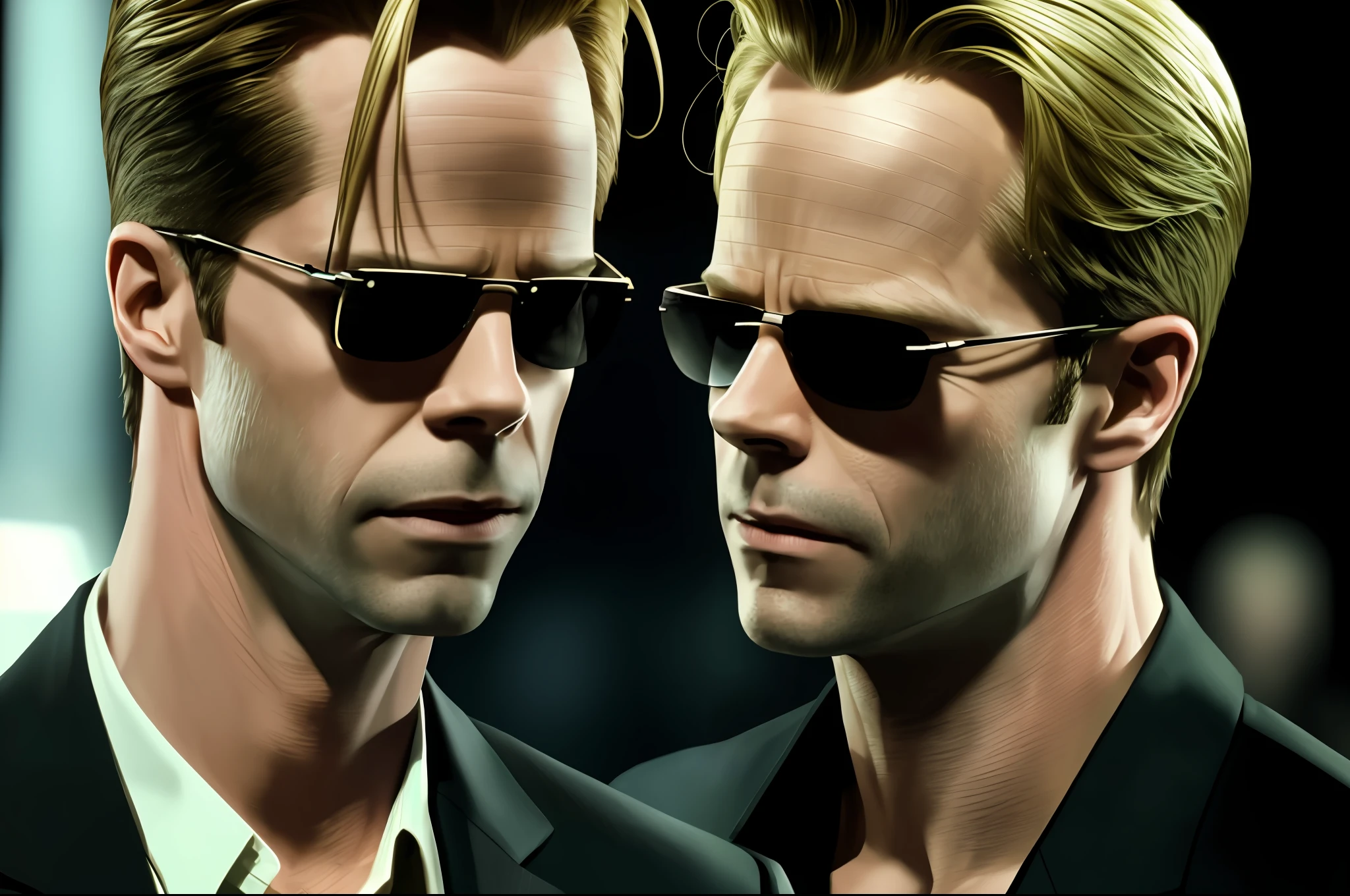 ((best quality)), ((masterpiece)), (detailed) fan art of evil man (blond GUY PEARCE) in a pitch black suit with his back to the camera, ((blond GUY PEARCE face)) back looking away, blond GUY PEARCE, the matrix (1999), square sunglasses, night, 80mm, ((western animation)), (neo the matrix (1999)), (short hair), (tokyo street nights), (albert wesker), (night), (dark), (darkness)