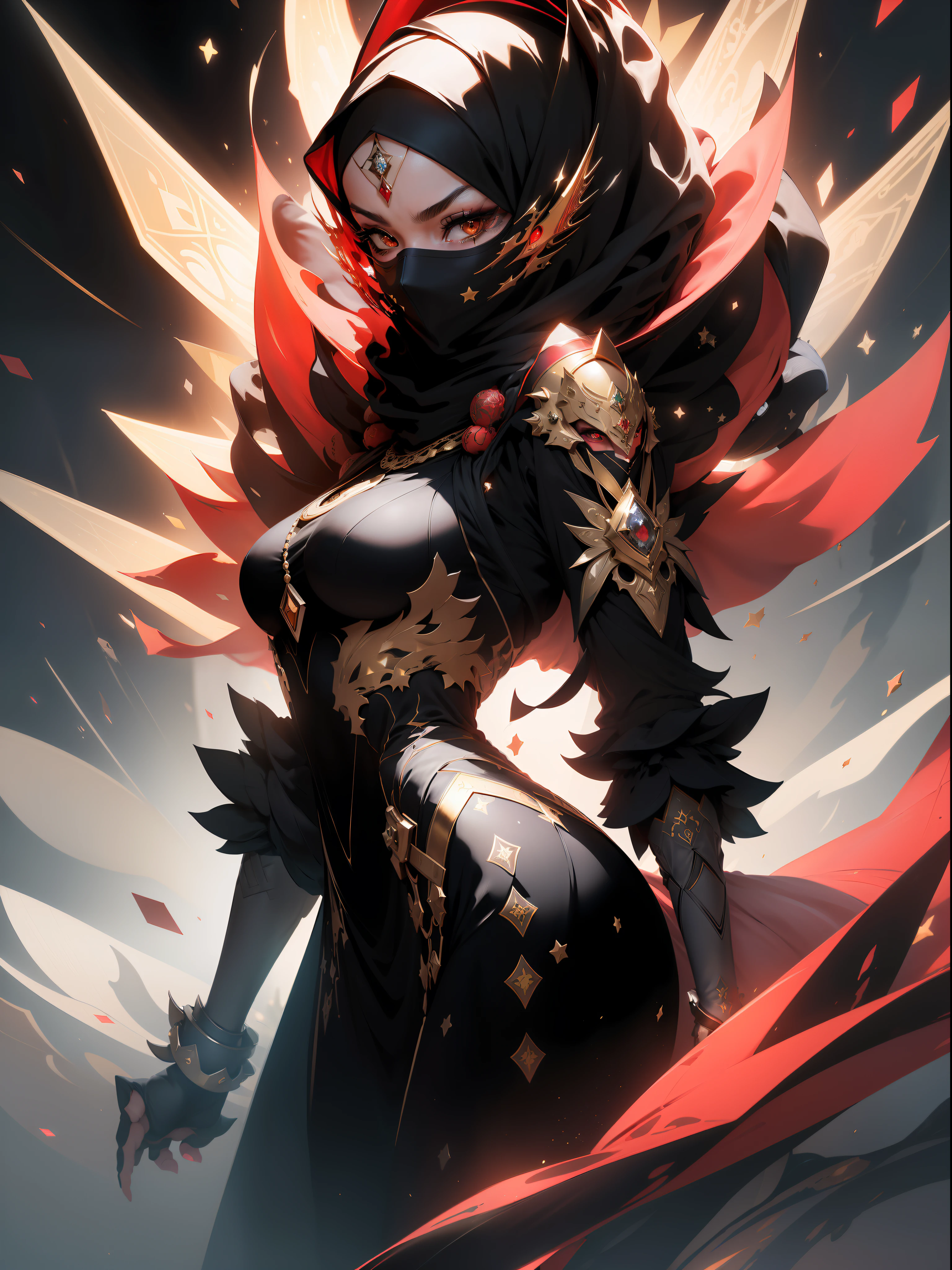 ((Best quality)), ((masterpiece)), (detailed: 1.4), (Absurd), angry princess, (((back))), (((action pose)), (((black Muslim woman wearing long red dress with gold and black ornaments face covered)))), (((burqa))), (((back))), ready for war, dark skinned, black middle eastern woman, sculptural body with defined muscles, closed mouth, muscular body covered by a Hoyoverse-style technological dress,  Honkai Impact, Geishin Impast, technological veil covering the face, Veil covering the head, whole body covered by clothing, holding two scimitars, ((small breasts)), (eyes with heavy and very black makeup without pupils), ((red and gold clothing with small black details)), (((short black hair)), (Arabic inscriptions on the arms), ((drawings of golden stars on the arms)), very long eyelashes,  heavy eye makeup, lots of jewelry, by mucha, niji --V5, close to real, psychopathic, crazy face, sexy pose, background with a giant Gundam style robot head, 2 piece clothing, diamond shoulder pads, pastel, centered, scale to fit dimensions, HDR (High Dynamic Range),Ray Tracing,NVIDIA RTX,Super-Resolution,Unreal 5,Subsurface dispersion, PBR texture,  Post-processing, Anisotropic filtering, Depth of field, Maximum clarity and sharpness, Multilayer textures, Albedo and specular maps, Surface shading, Accurate simulation of light-material interaction, Perfect proportions, Octane Render, Two-tone lighting, Wide aperture, Low ISO, White balance, Rule of thirds, 8K RAW, crysisnanosuit