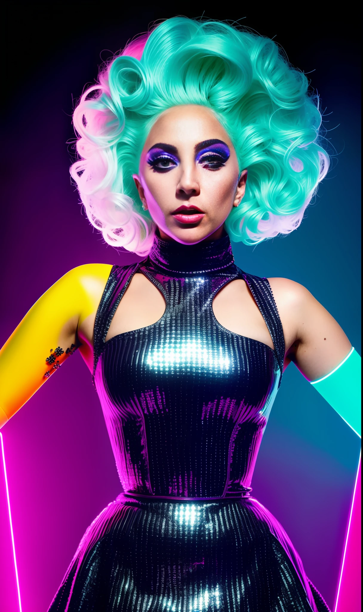 Lady Gaga Photo, 4K Texture, Strange Robotic Dress,Weird Hairstyle, 8k Picture, Haute Couture, Flashes, High Image Quality,Neon Dress, Realistic Face, Various Body Poses, Full Body, 8K Image,HD