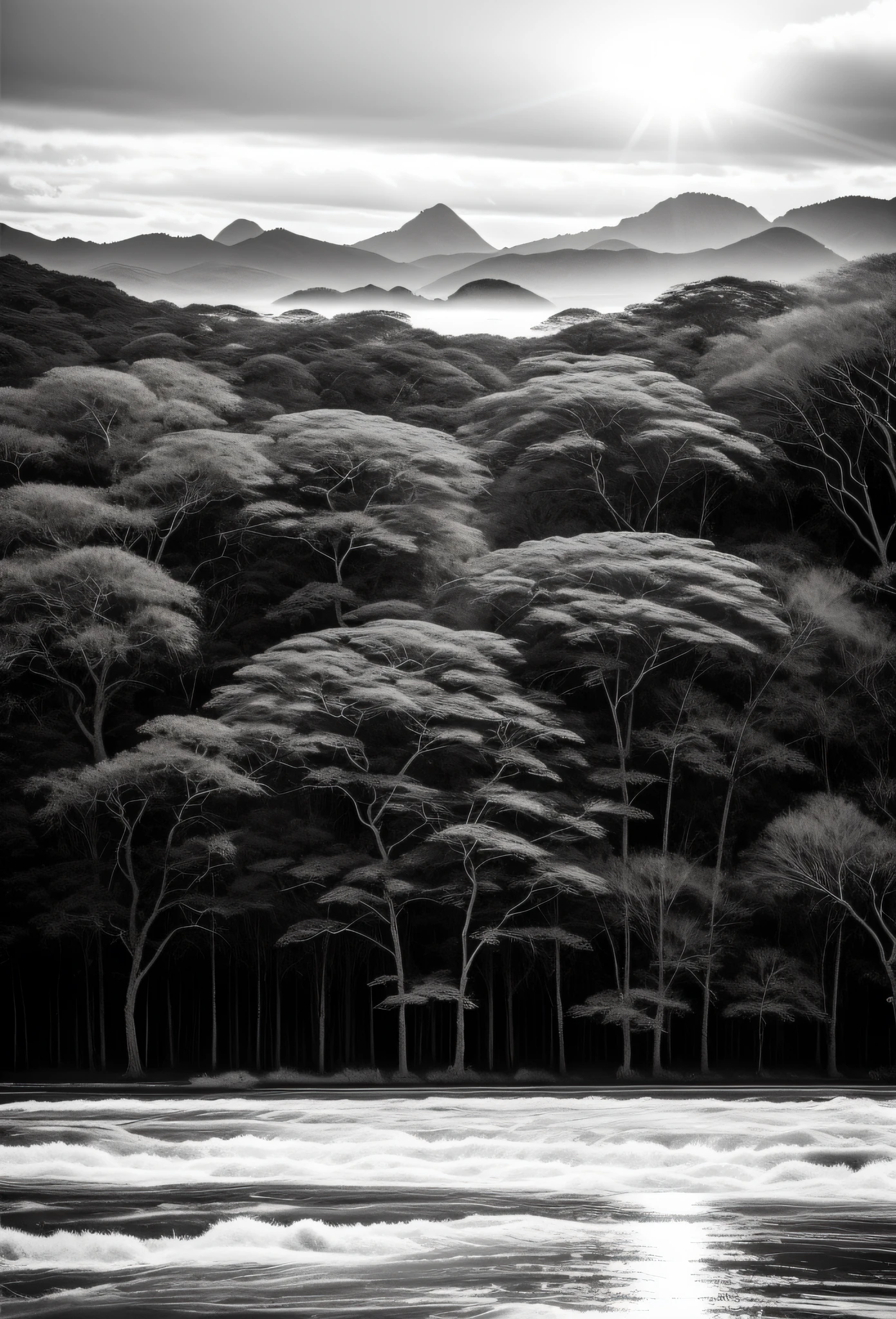 Based on the photographs of Sebastião Salgado, we can imagine a stunning natural landscape, with high and majestic mountains, perhaps a waterfall or a crystalline river flowing calmly in the foreground. The sky is blue and clear, and perhaps there are some white clouds forming interesting shapes on the distant horizon. The vegetation is lush and verdant, with tall, dense trees that form refreshing shadows on the ground. Birds and other wildlife can be seen and heard, adding an air of life and movement to the image. The air is fresh and clean, and the overall feeling is one of peace, serenity and harmony with nature.
High resolution, wide and panoramic fottography, allowing you to see the landscape in all its splendor.
Low ISO to reduce noise in the image.
Opening: To capture all the beauty of the landscape, Salgado often works with wide openings, allowing light to enter and illuminate everything.
Shutter speed: Shutter speed can vary depending on lighting, but is often slow enough to capture the movement of water or clouds.
Focus: Salgado usually uses manual focus to have full control over the sharpness of the image. Leica M, bllack and white