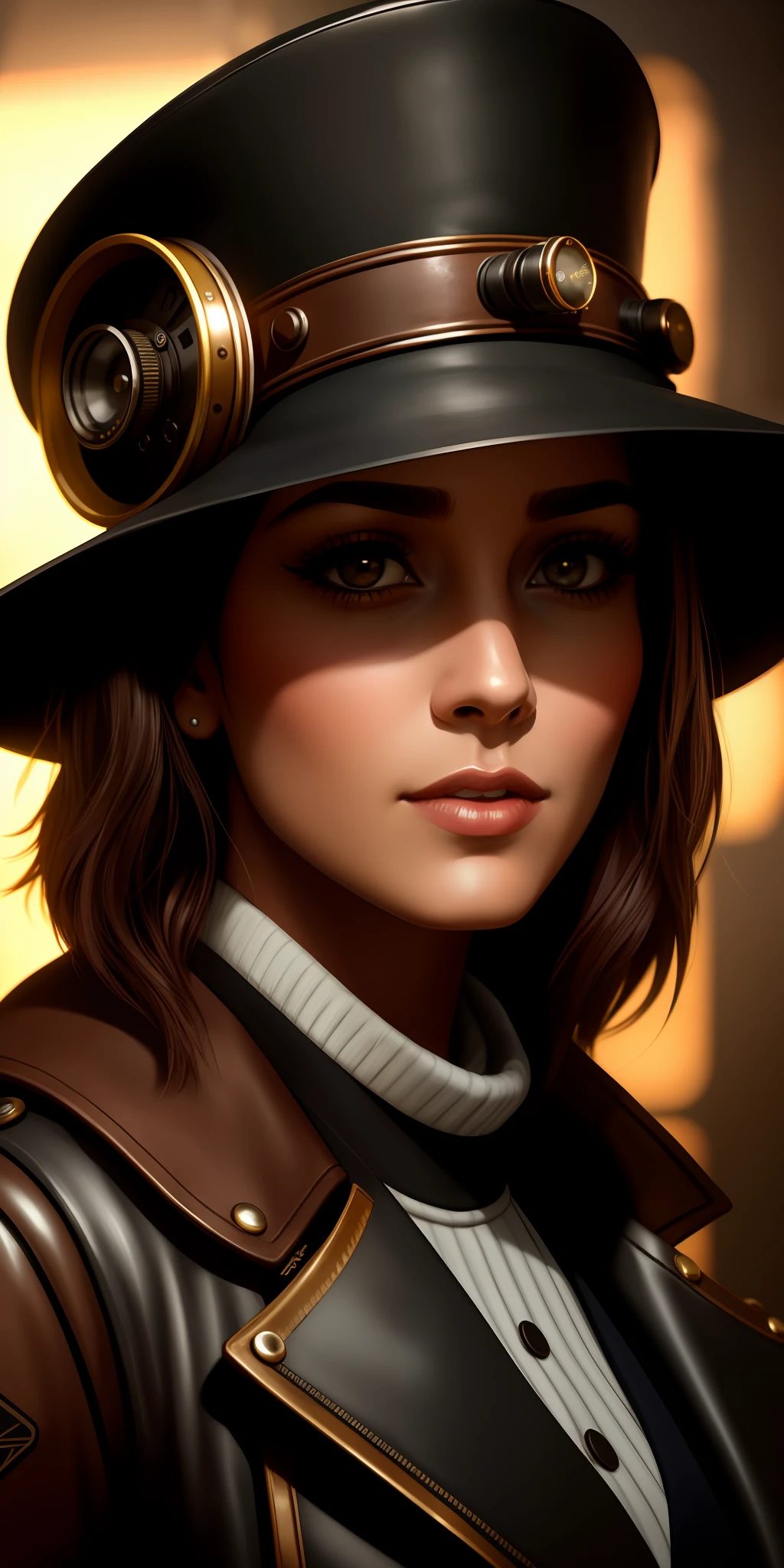 there is a woman wearing a hat and a leather jacket, cgsociety portrait, cinematic realistic portrait, closeup portrait of an artificer, high quality portrait, 8k portrait render, cinematic headshot portrait, highly detailed vfx portrait, loba andrade from apex legends, medium close up portrait, ultra detailed portrait, lofi bioshock steampunk portrait, cinematic bust portrait