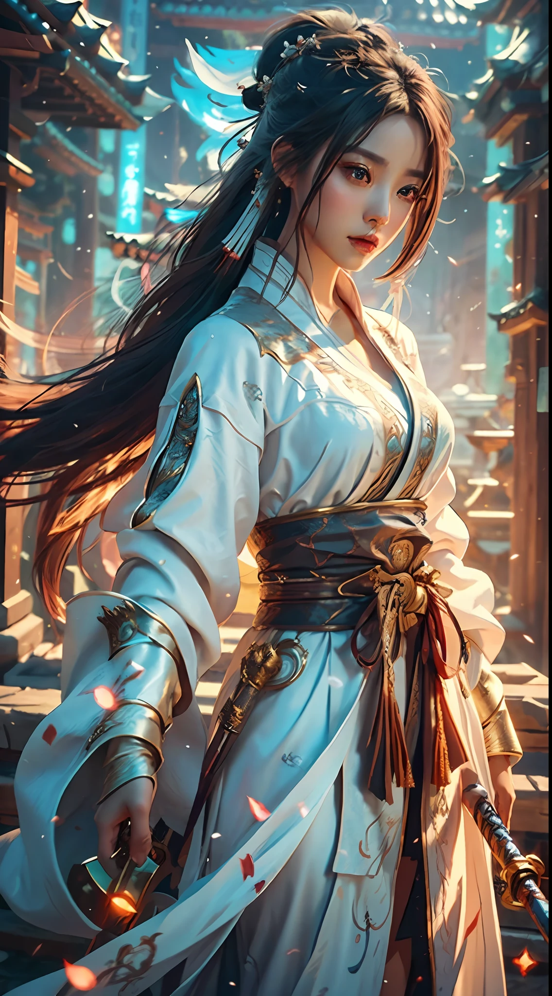 a close up of a woman with a sword in a white dress, a character portrait by Yang J, trending on cgsociety, fantasy art, beautiful character painting, artwork in the style of guweiz, guweiz, white hanfu, flowing white robes, full body wuxia, epic exquisite character art, stunning character art, beautiful female assassin