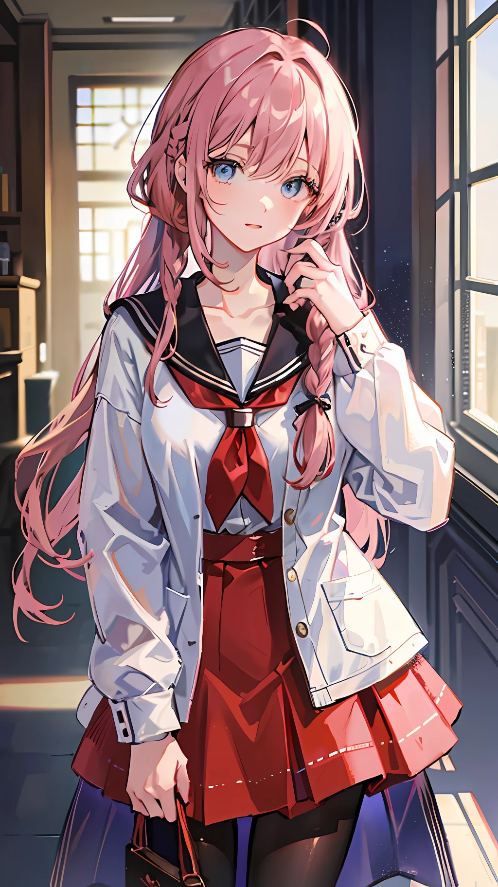 masterpiece, best quality, high, mafuyu 1, 1 girl, solo, long hair, pink hair, blue eyes, red skirt, jacket, hair between the eyes, braid, skirt suit, long sleeves, black pantyhose, white shirt, brown pantyhose, collarbone, room, classroom, standing, denim shooting,