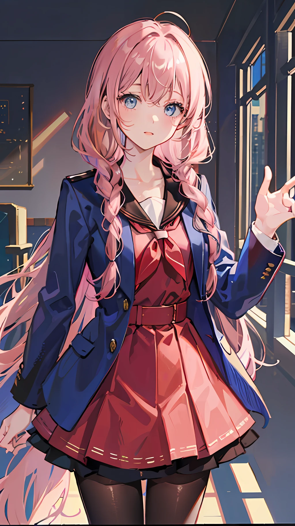 masterpiece, best quality, high, mafuyu 1, 1 girl, solo, long hair, pink hair, blue eyes, red skirt, jacket, hair between the eyes, braid, skirt suit, long sleeves, black pantyhose, white shirt, brown pantyhose, collarbone, room, classroom, standing, denim shooting,