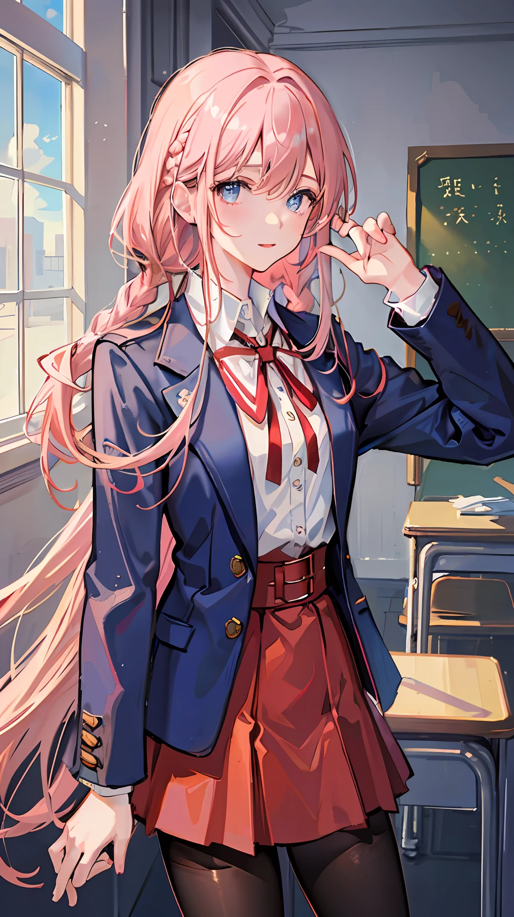 masterpiece, best quality, high, mafuyu 1, 1 girl, solo, long hair, pink hair, blue eyes, red skirt, jacket, hair between the eyes, braid, skirt suit, long sleeves, black pantyhose, white shirt, brown pantyhose, collarbone, room, classroom, standing, denim shooting,