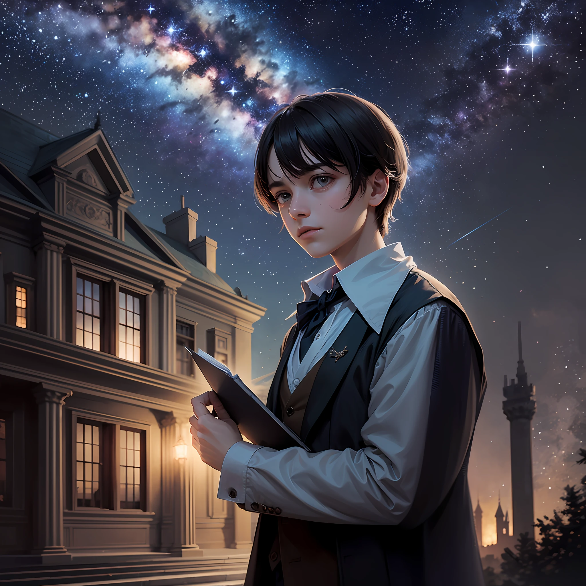 A starry night sky above an old abandoned mansion. In front of the mansion, there is a young historian holding the ancient diary with a look of curiosity and determination. The mansion is shrouded in mysterious shadows, while the stars shine brightly in the sky. --auto --s2