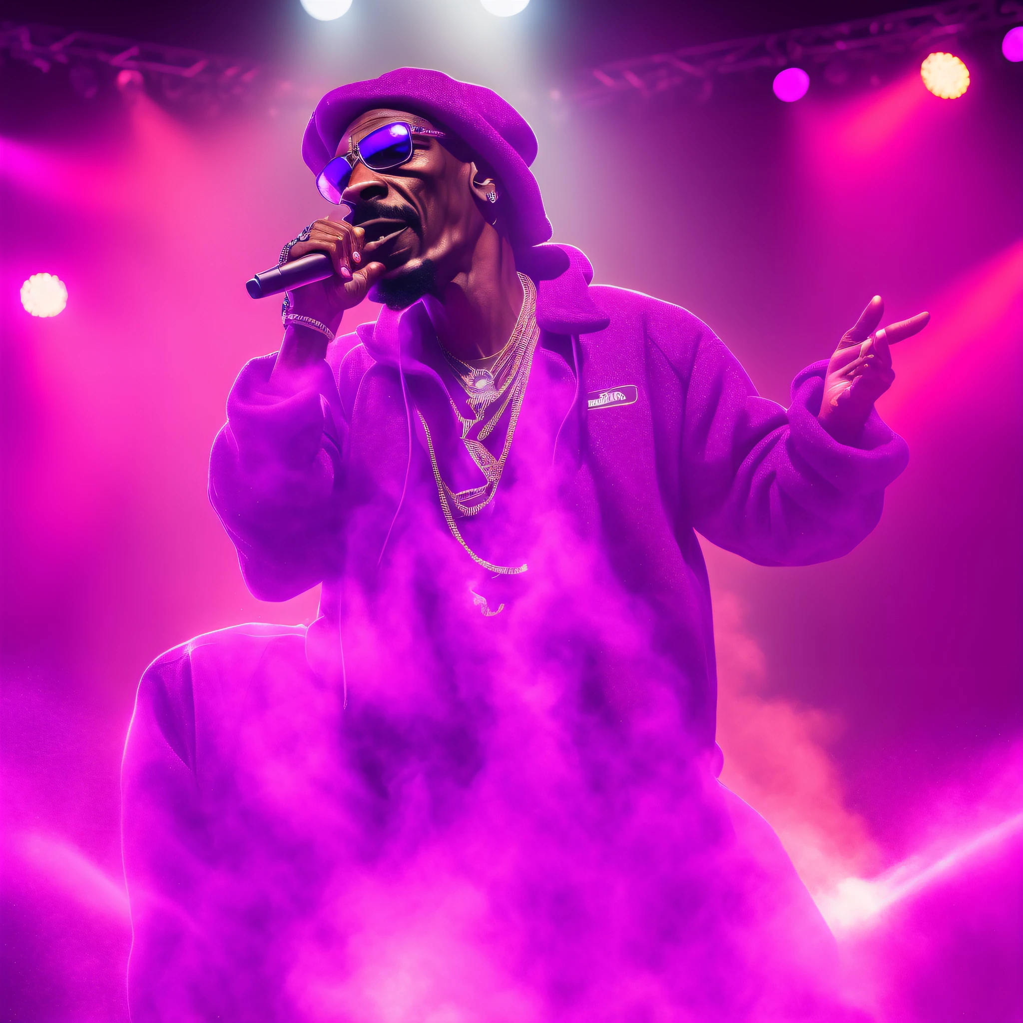 A human rapper posing like Snoop Dogg on a stage with bright lights, a crowd in the background bouncing to the beat, red and purple smoke filling the air, ((bling)) sparkling around their neck and wrists, holding a mic and rapping with passion.