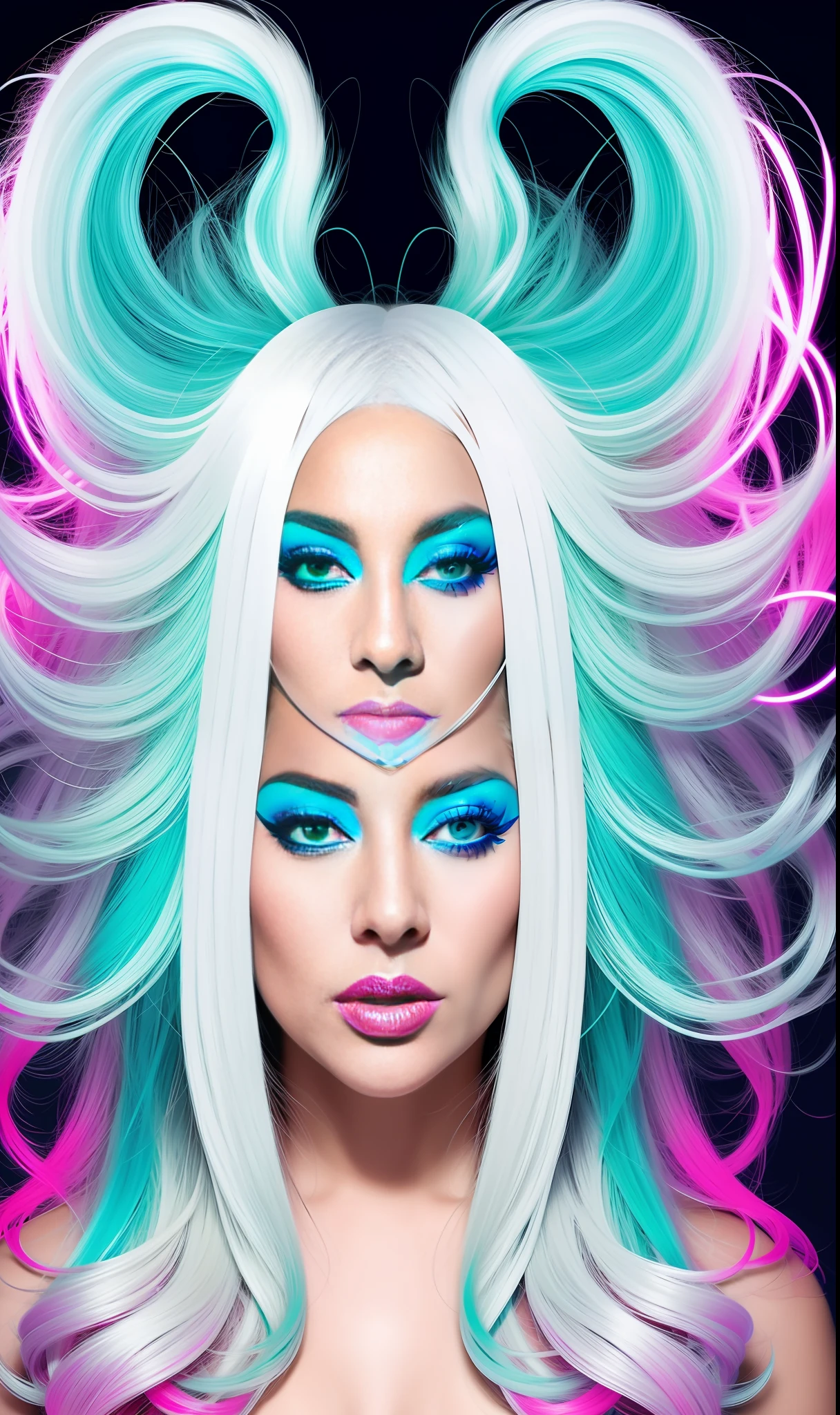 lady gaga with neon print white dress,white hair, 4K texture, long hair, high quality, extravagant hairstyle, original album cover, 8k image, futuristic, high image quality, at night, hair accessories, very realistic and defined face, HD